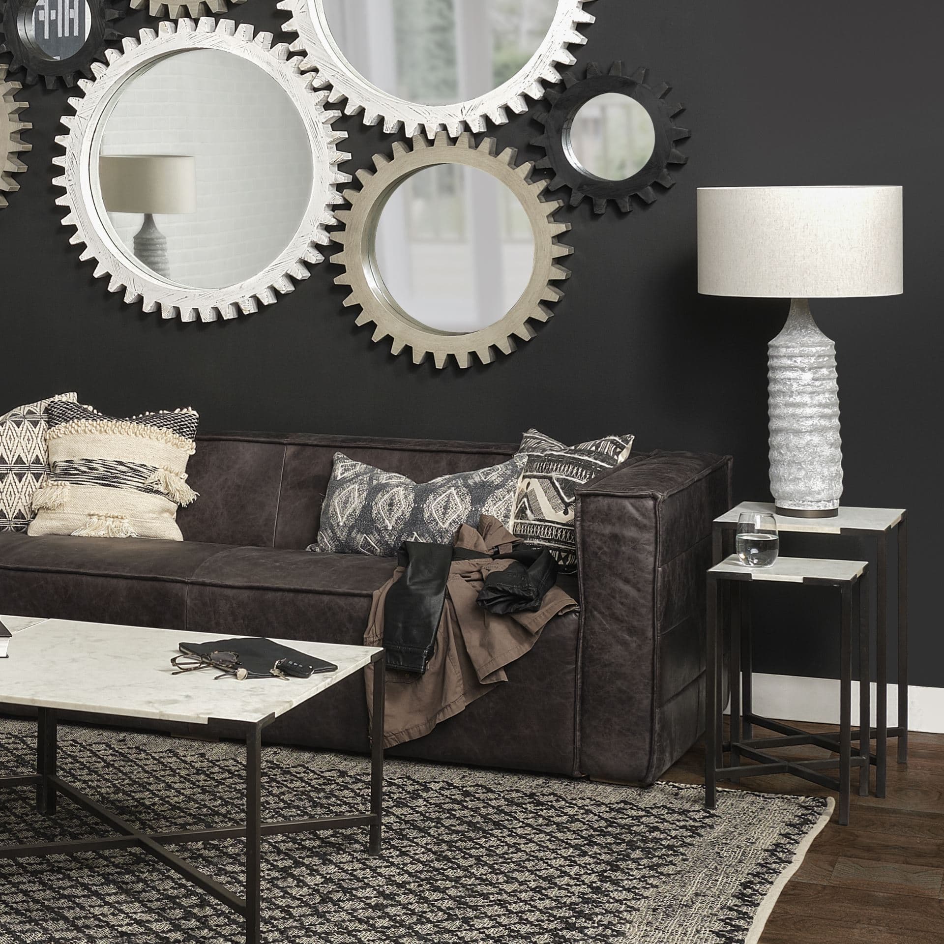 Harlan (30.5"H) Beige-Toned Fabric Shade Gray Concrete Base Table Lamp — in a styled room