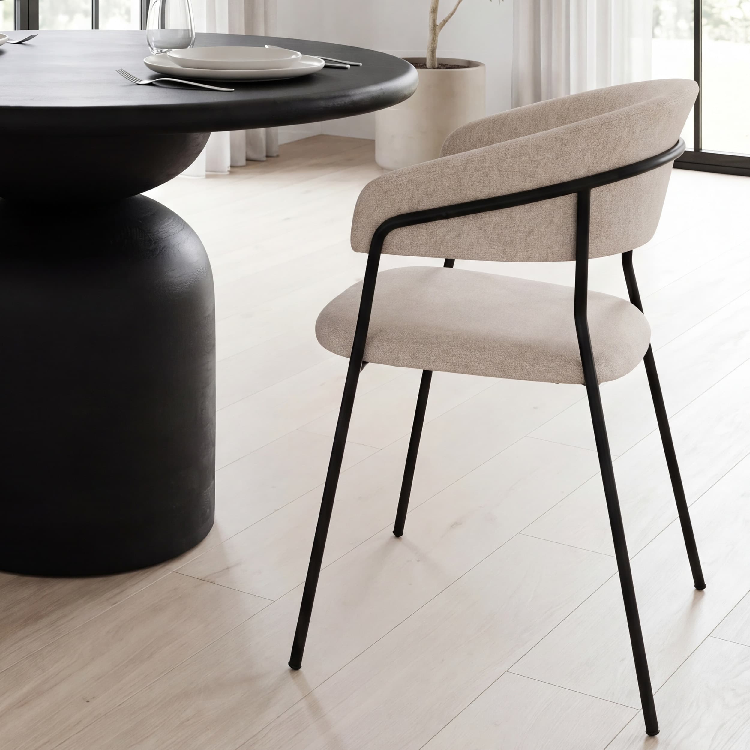 Carolyn Contoured Back Dining Side Chair | Oatmeal Fabric w/ Metal — product photograph