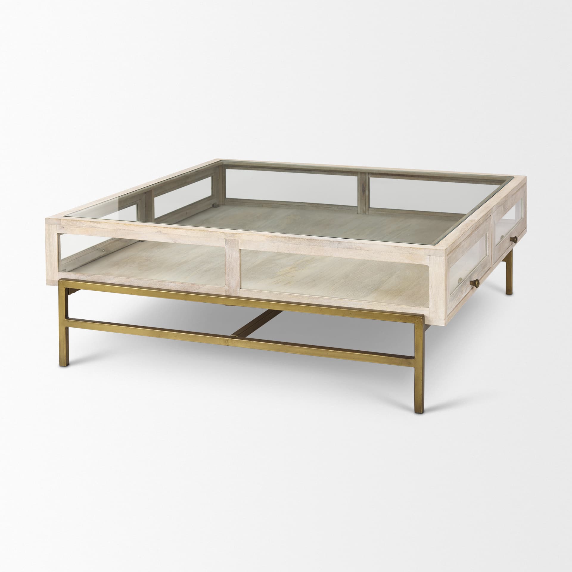 Arelius 42" Square Glass-Top White Wood w/ Gold Metal Base Display Coffee Table — product photograph