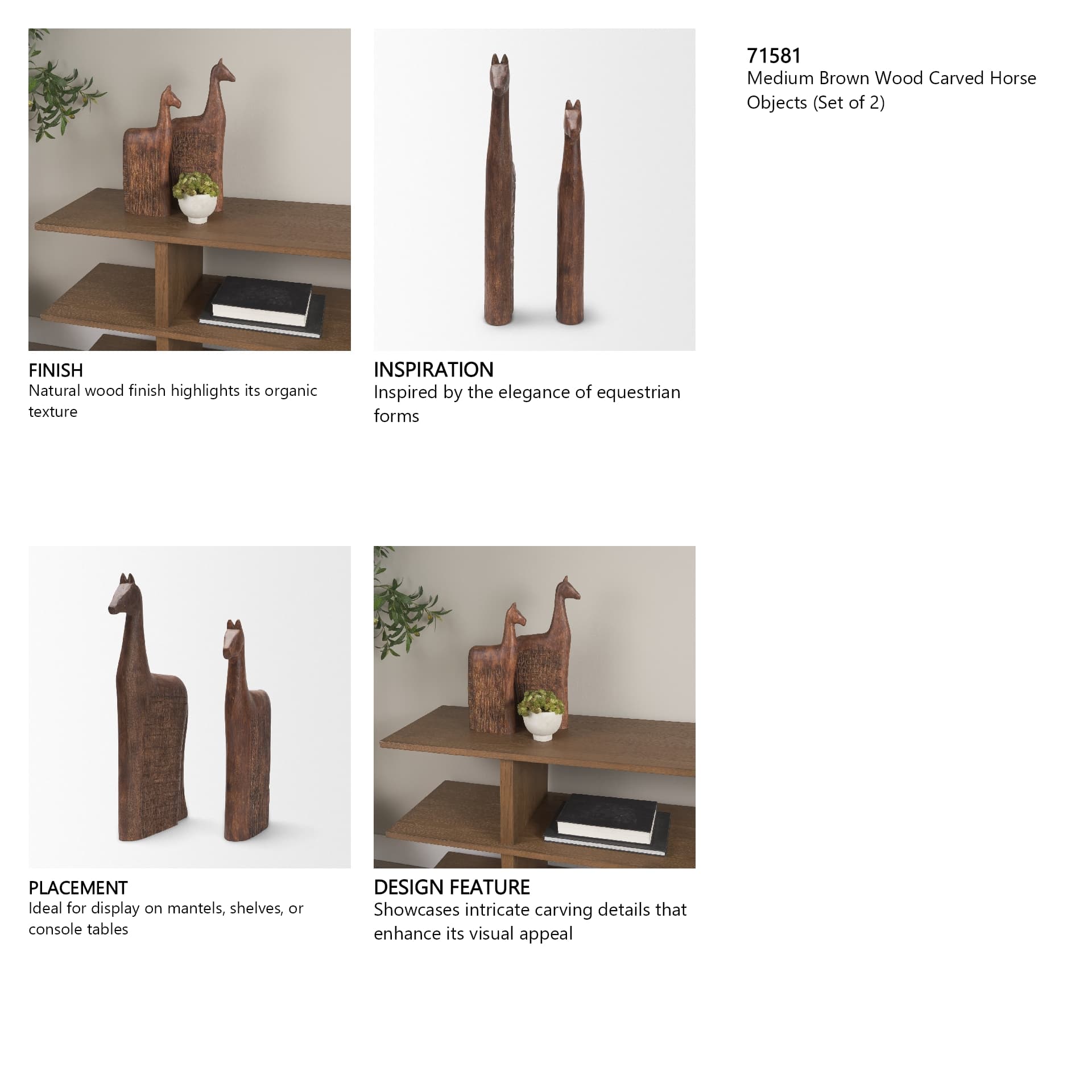 Farasi Medium Brown Wood Carved Horse Object (Set of 2) — in a styled room
