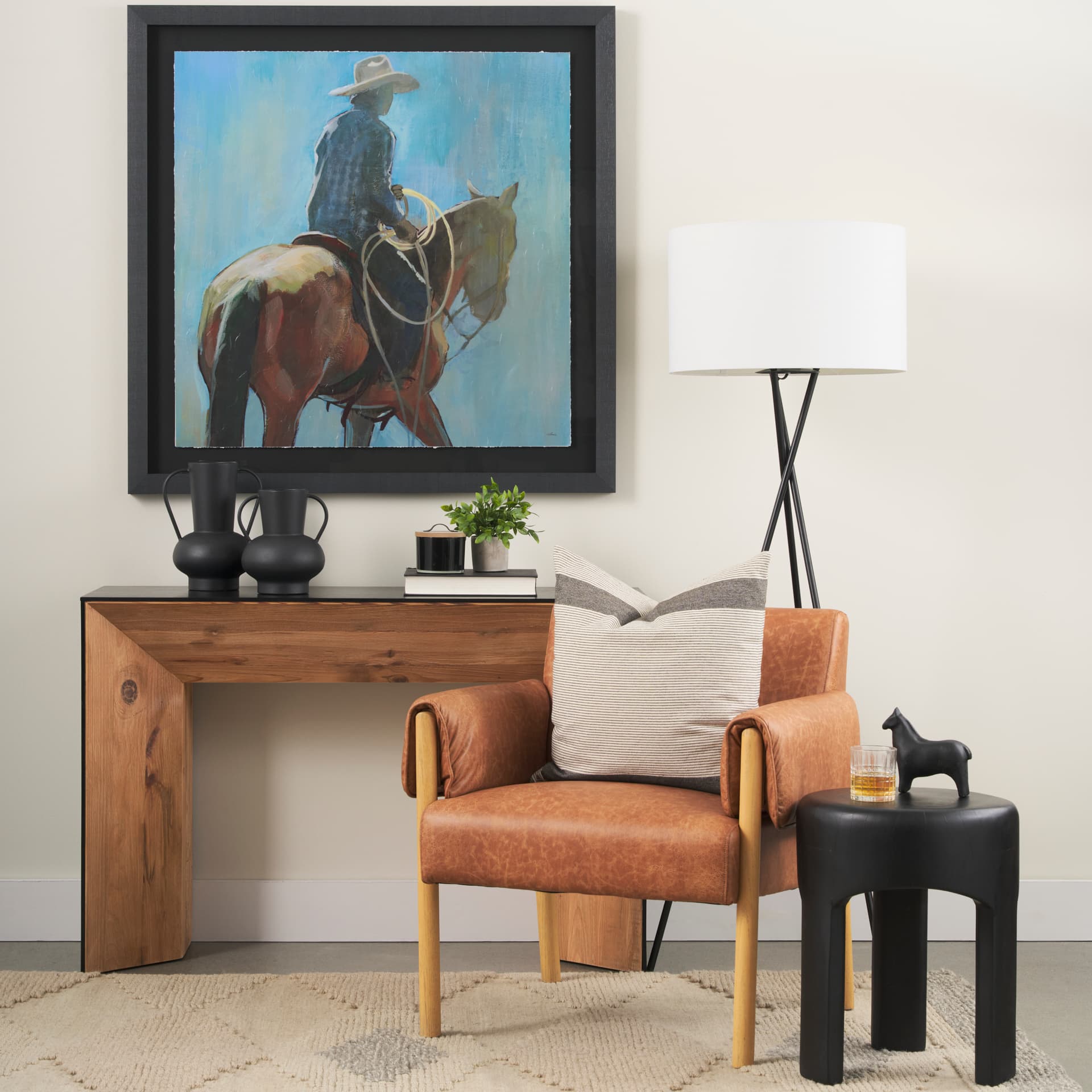 Tasya Large Matte Black w/ Handles Metal Vase — in a styled room