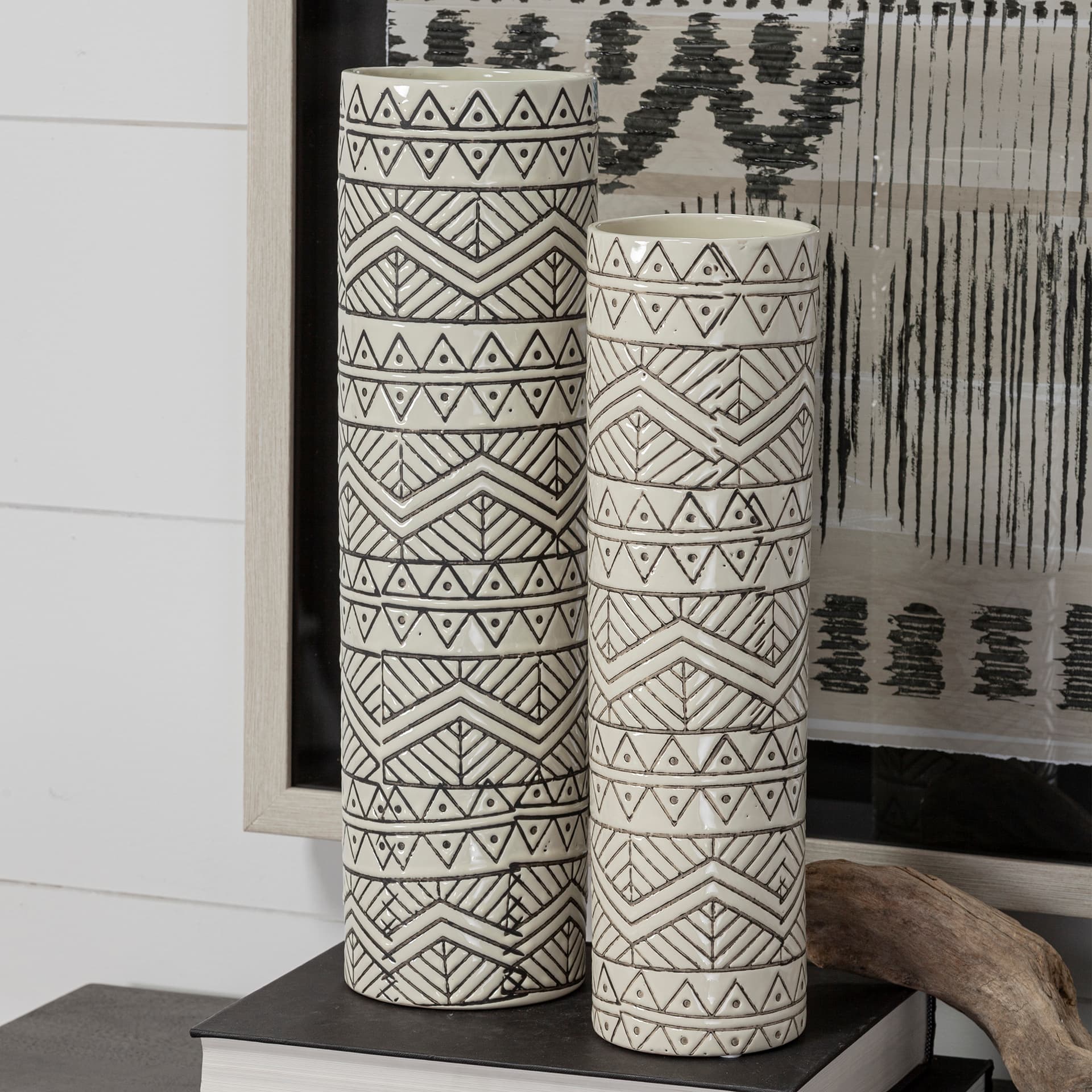 Uhura II Large Cream Black Patterned Cylindrical Ceramic Vase — product photograph