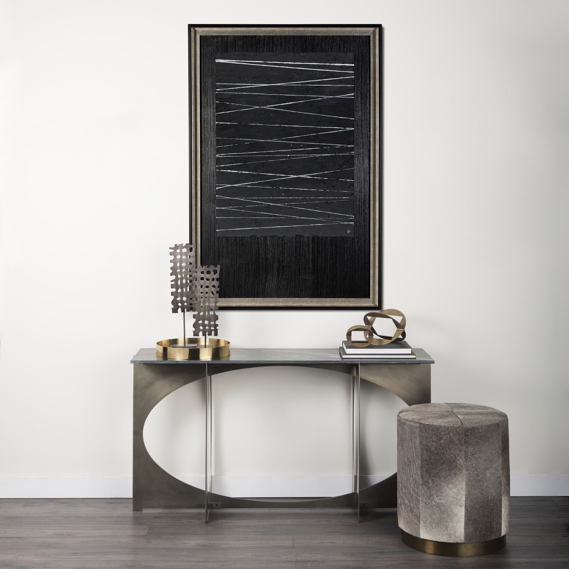 OM-Silver Lines by Studio M a handmade Original Framed Artwork under Glass — in a styled room