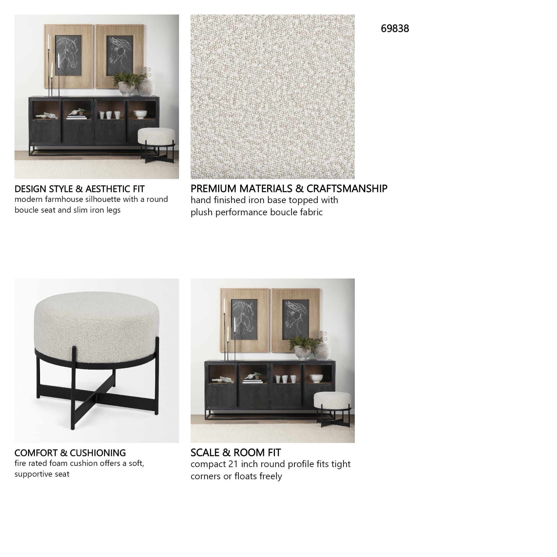 Amelia Cream Boucle W/Black Metal Upholstered Pouf — in a styled room