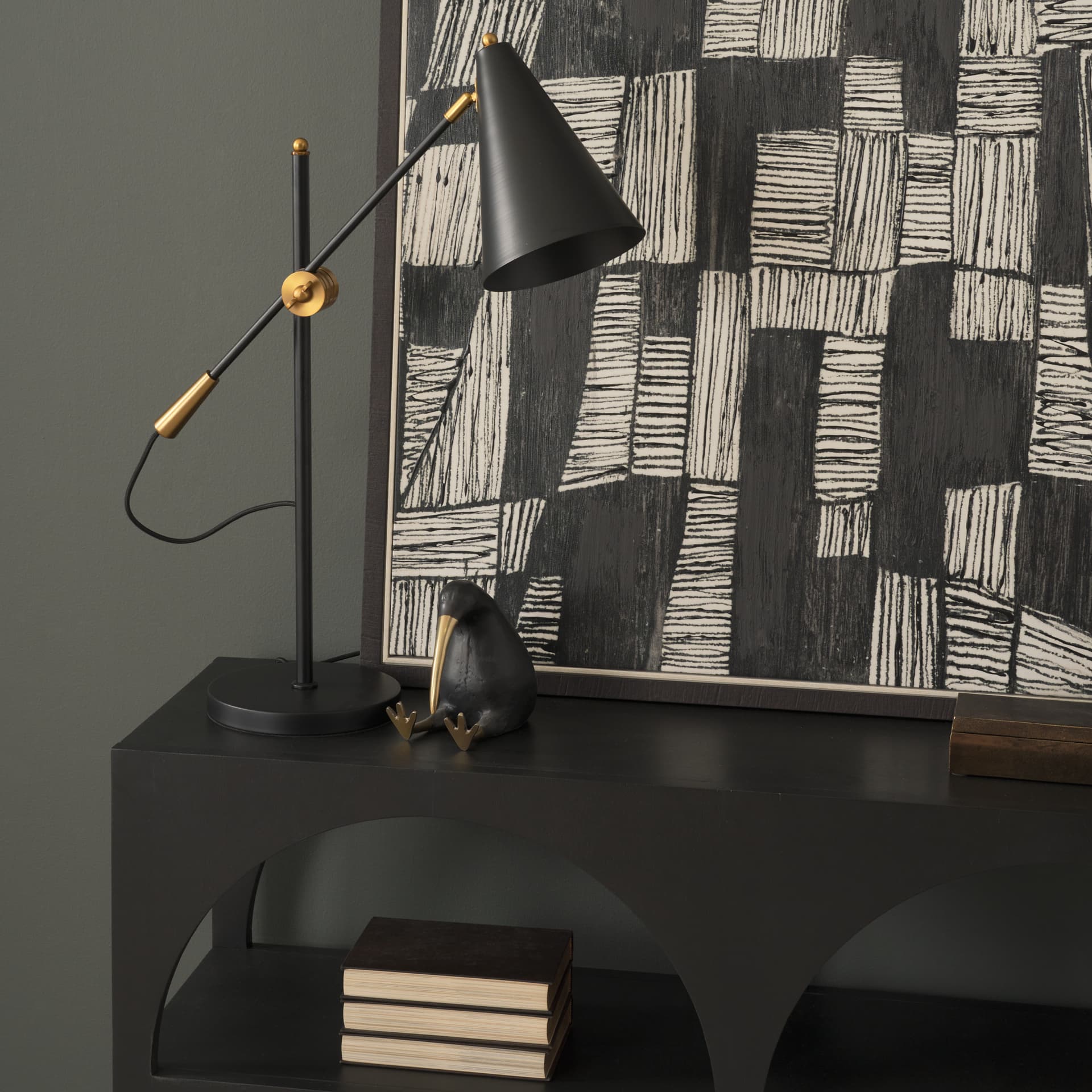 Fragon II(26"H) Black/Gold Metal Adjustable Cone Shade Table Lamp — in a styled room