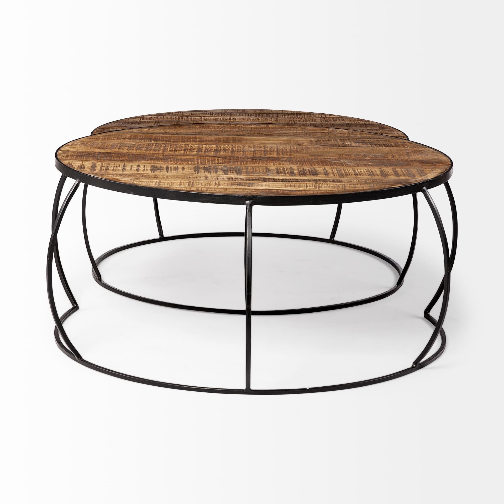 Clapp I Set of 2 (41" & 38") Round Brown Wood Top Black Iron Base Nesting Coffee Tables — product photograph