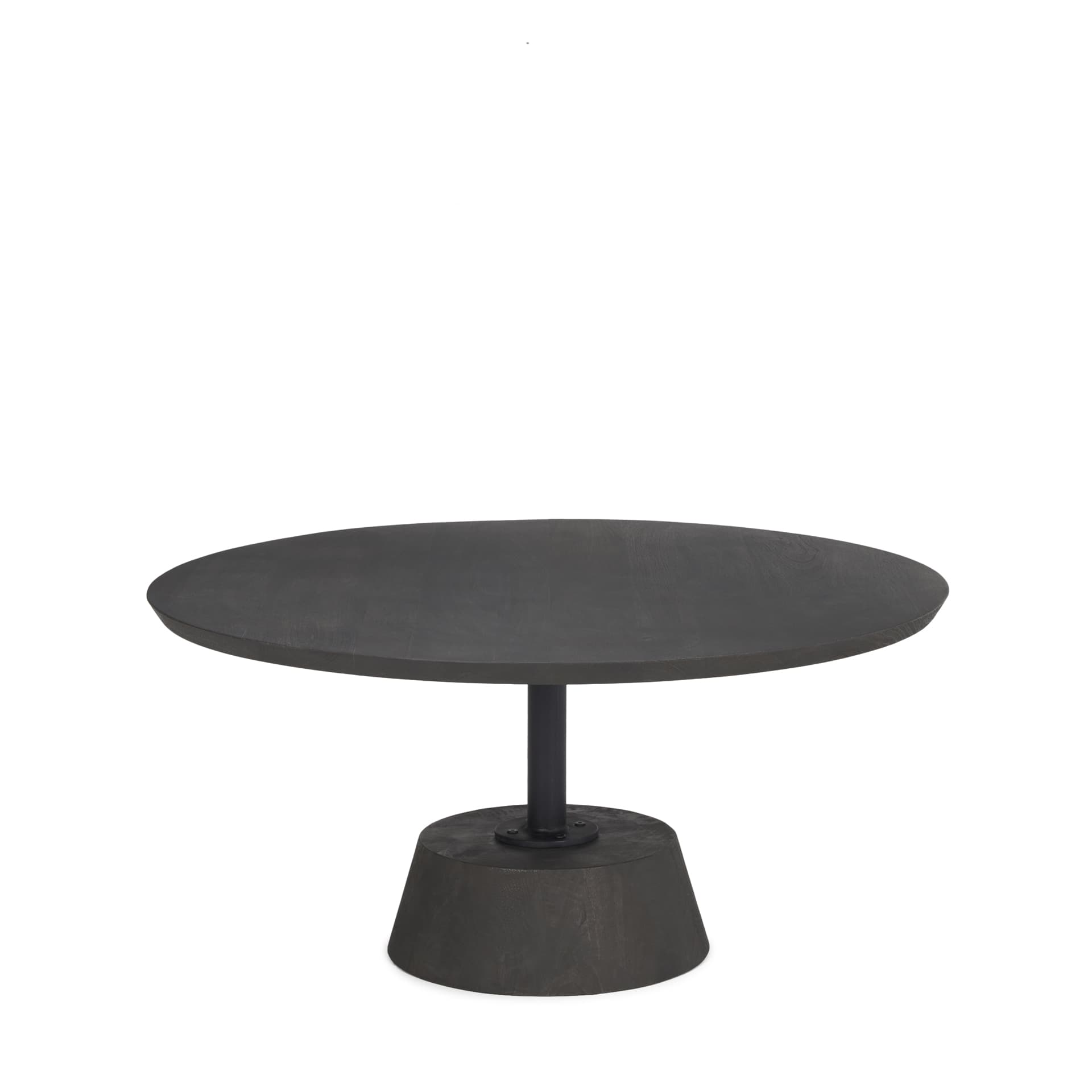 Maxwell 34" Dark Brown Wood W/ Black Metal Pedestal Base Round Coffee Table — product photograph