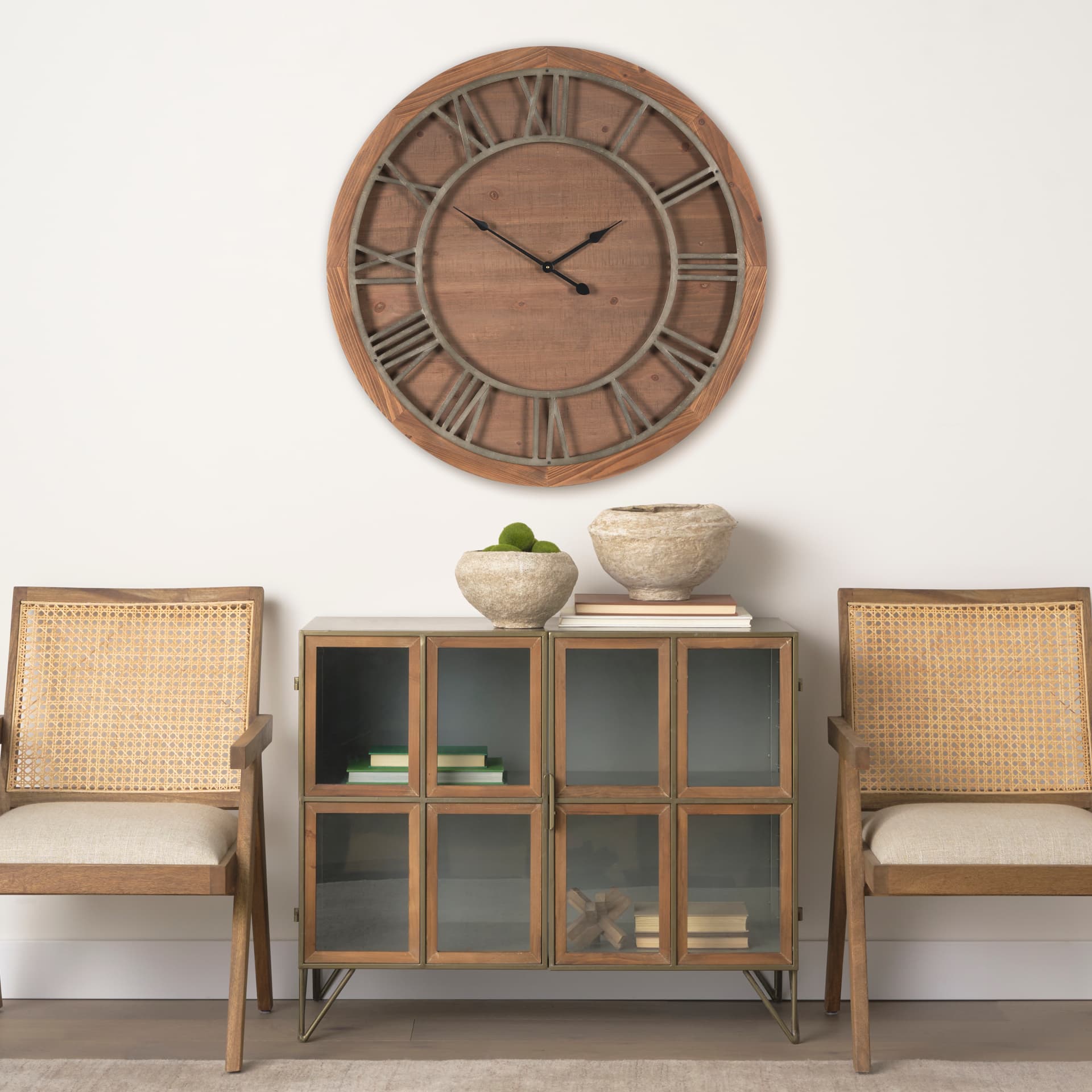 Raul Medium Brown Wood W/ Silver Metal Wall Clock — in a styled room