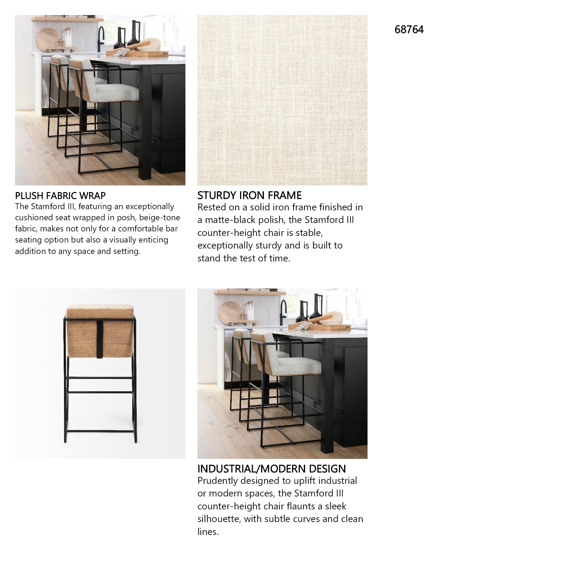 Stamford Backless 36.8in Seat Counter Stool | Beige Fabric w/ Metal — product photograph