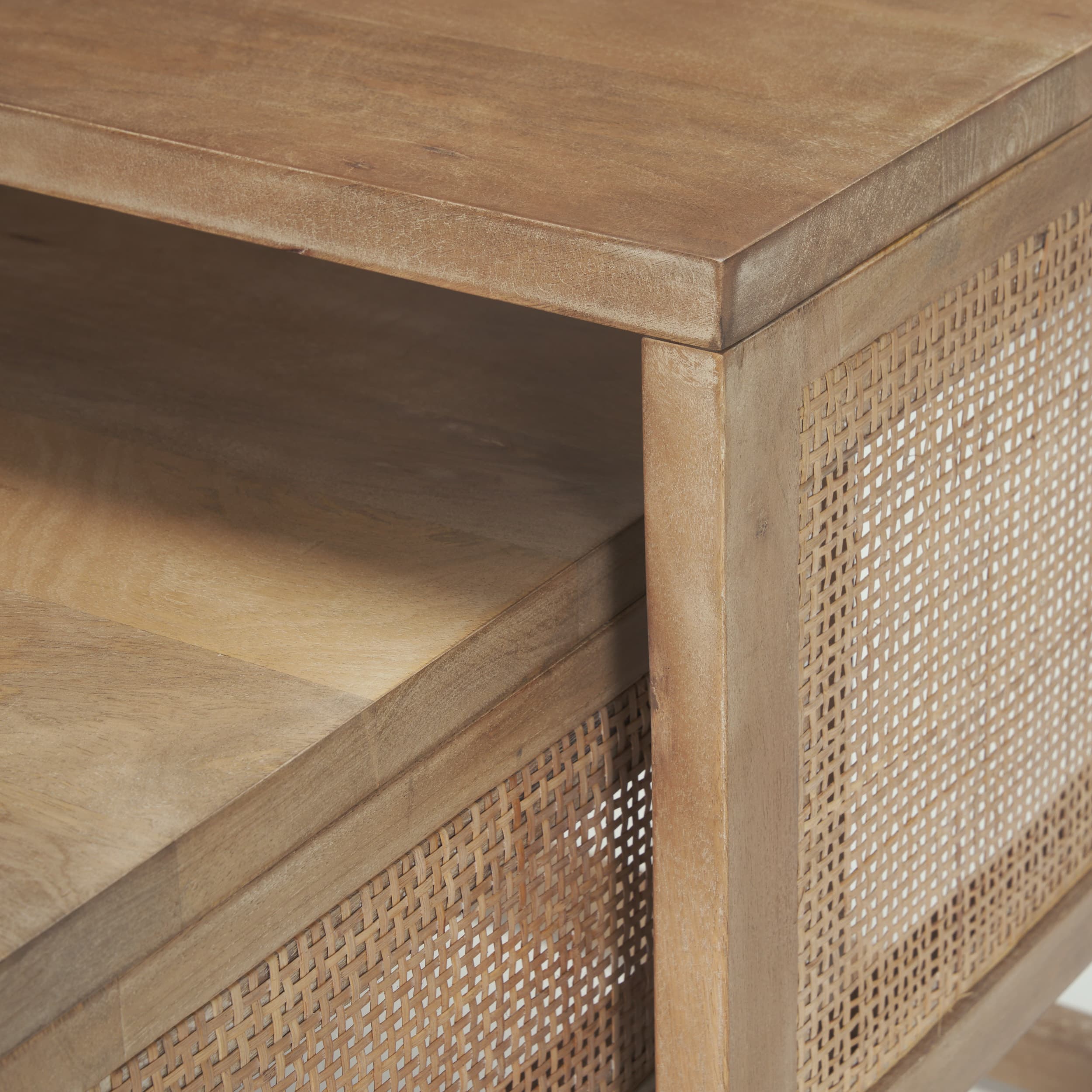Grier Set of 2 Light Brown Solid Wood w/ Cane Nesting Accent Tables — product photograph