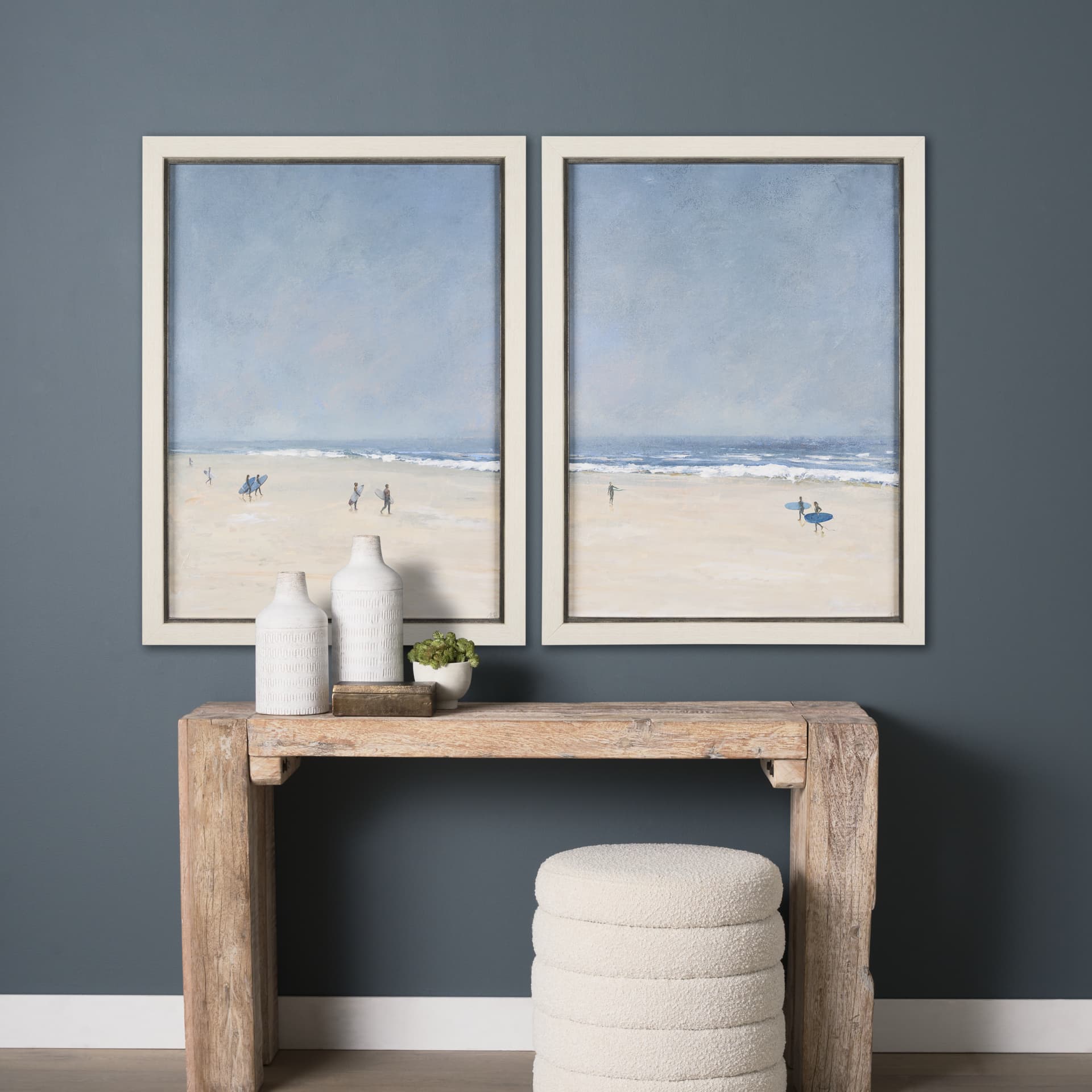 Surfers and The Sea I by Mercana Studio a Hand Embellished Textured Framed Art Print — in a styled room