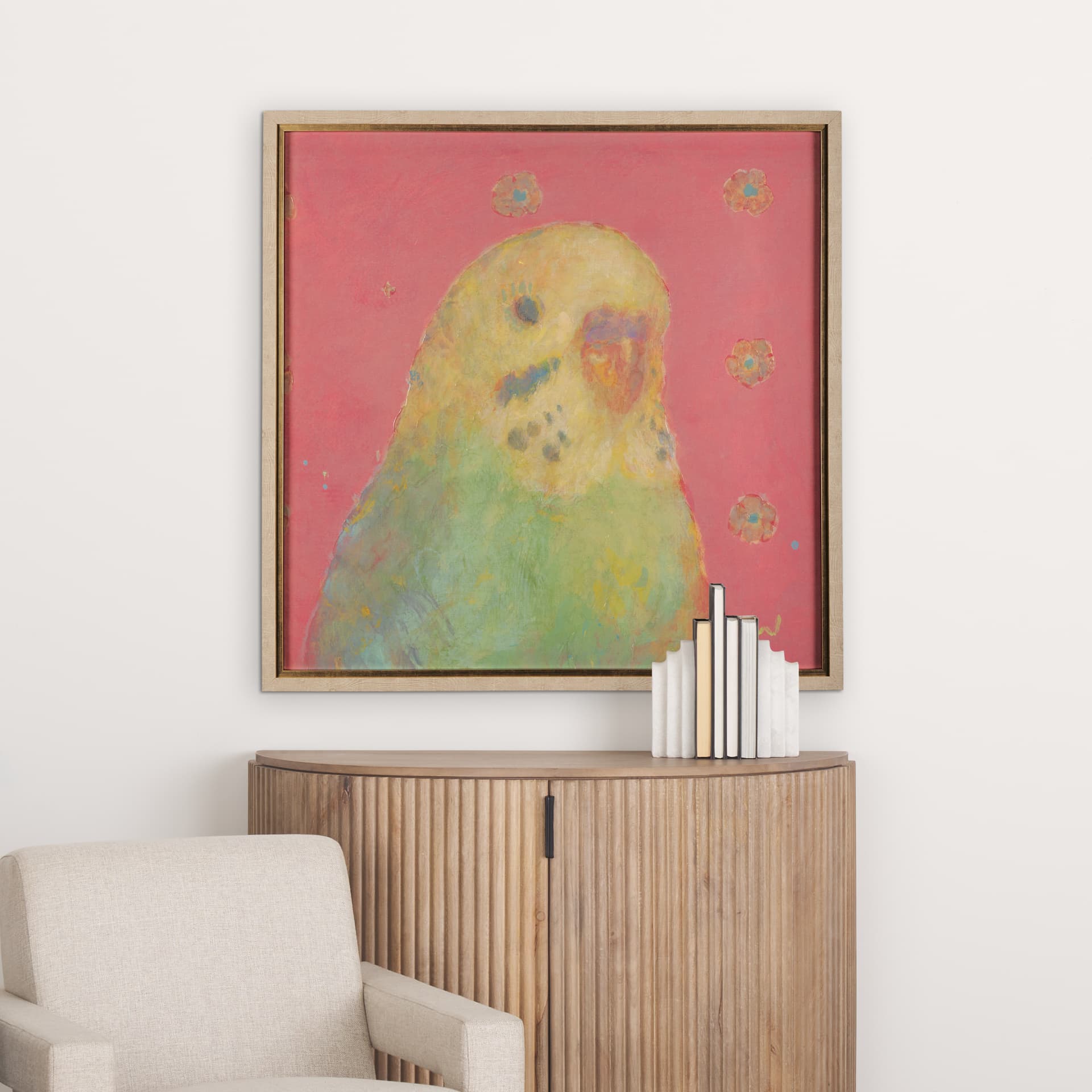 Pop Birds - Sore by Mercana Studio a Hand Embellished Textured Framed Art Print Matted under Glass — in a styled room