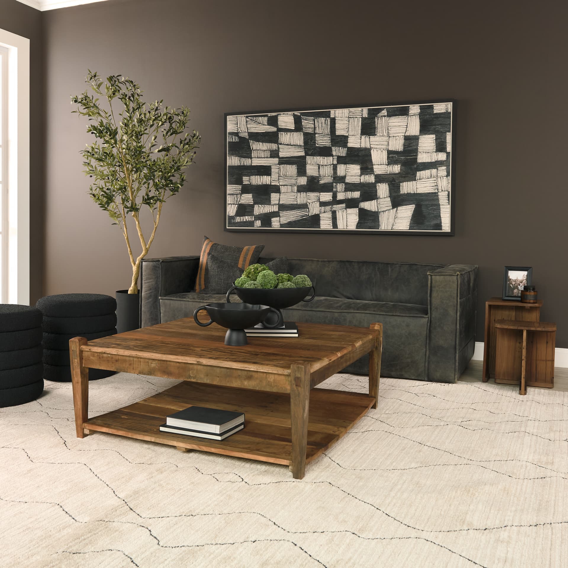 Lucan Mid-Dark Brown Reclaimed Wood Side Tables — in a styled room