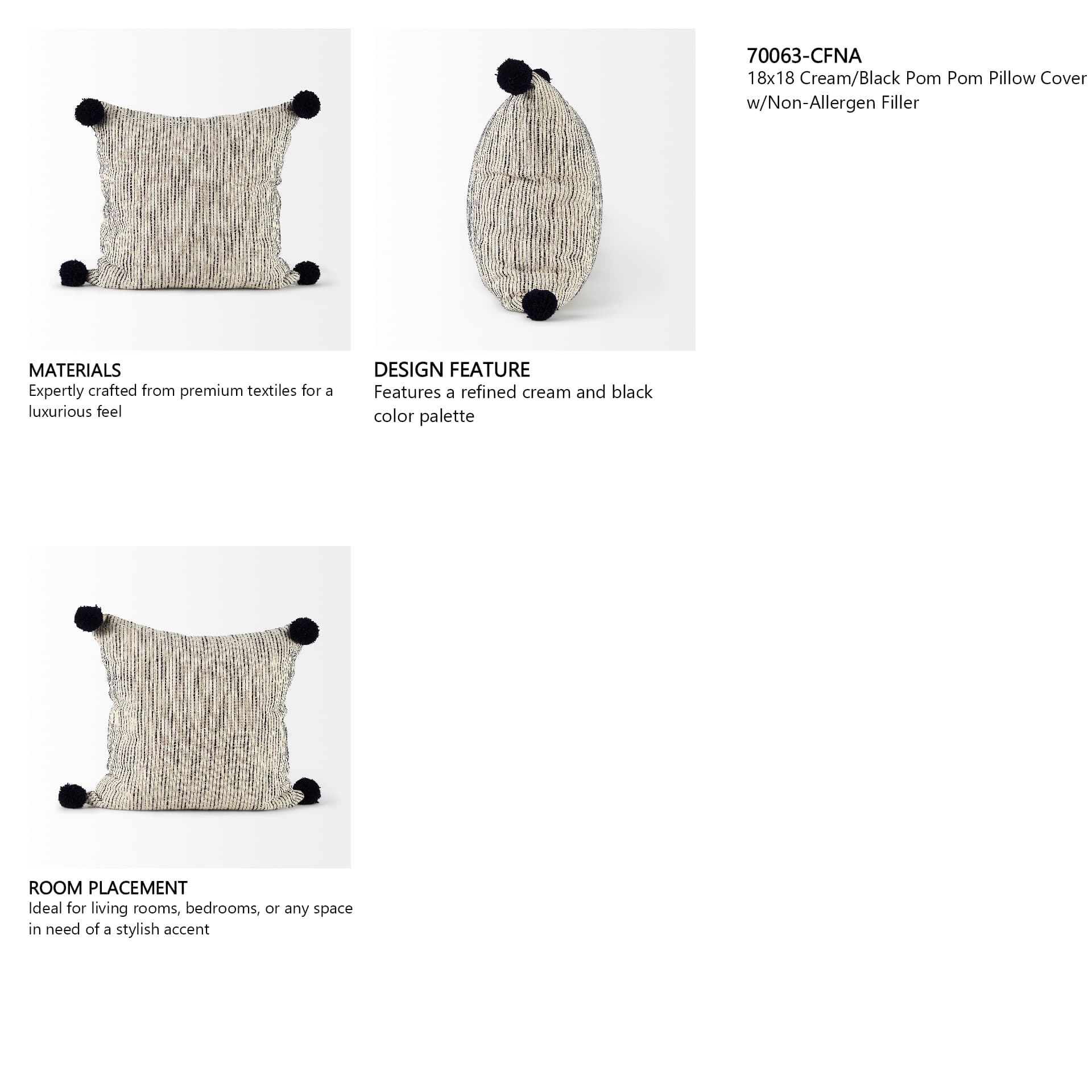 Krystal 18x18 Cream/Black Pom Pom Pillow Cover w/Non-Allergen Filler — in a styled room