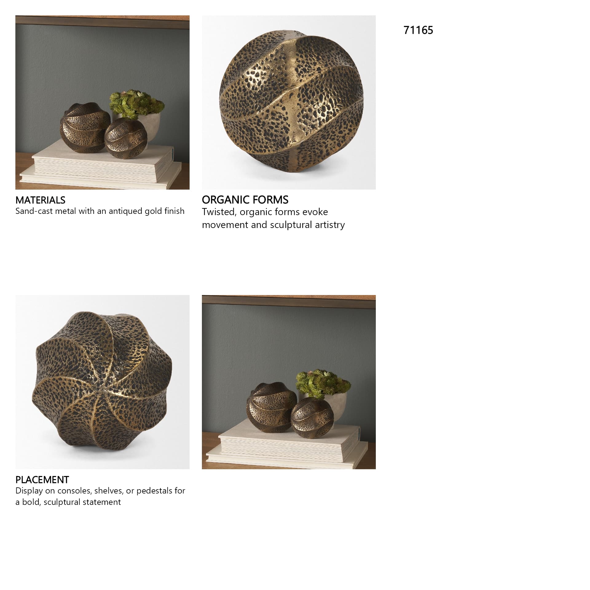 Imani Large Sculptural Textured Antiqued Gold Metal Decorative Orb Object — in a styled room