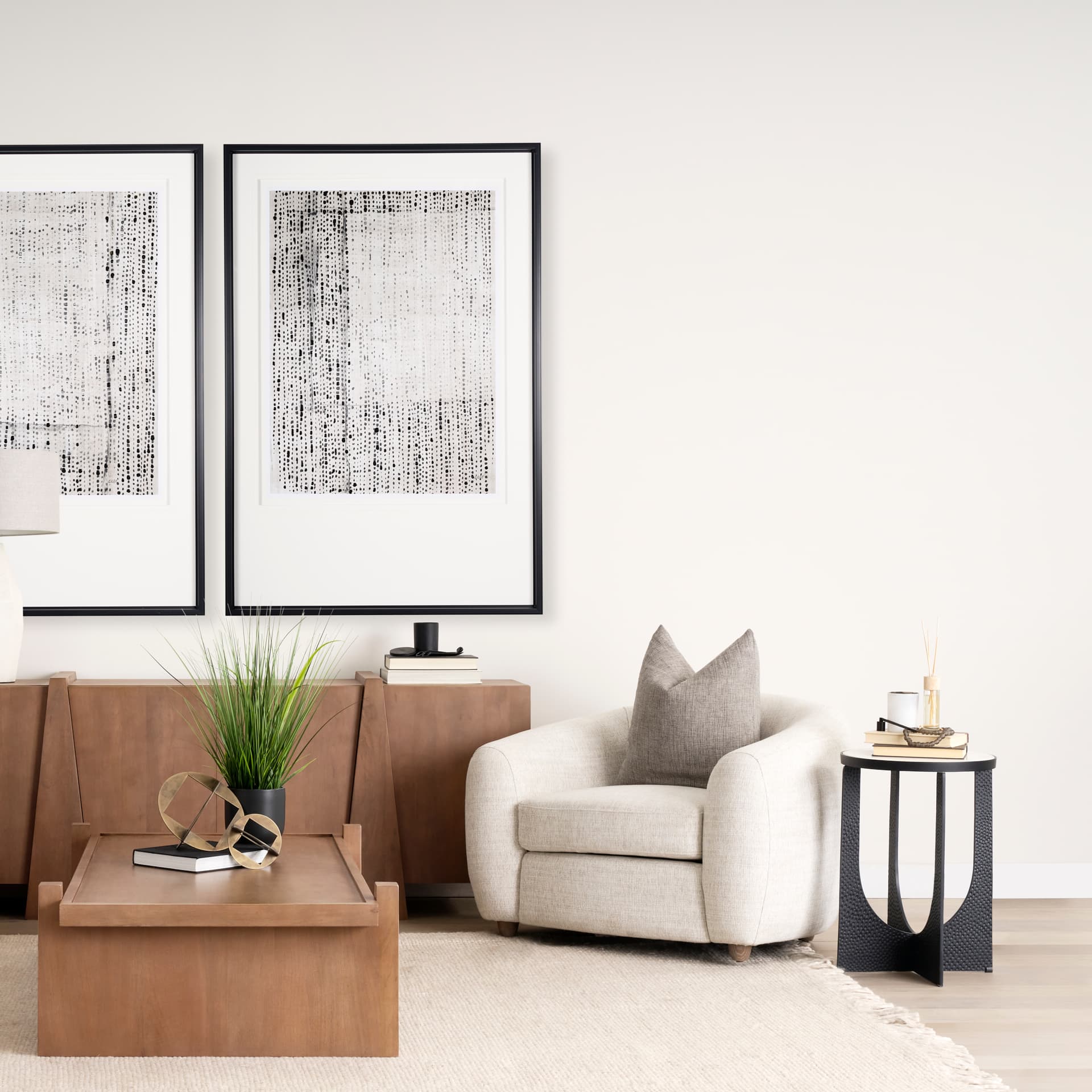 Patrick 23"H White Marble Top w/ Matte Black Metal Accent Table — in a styled room
