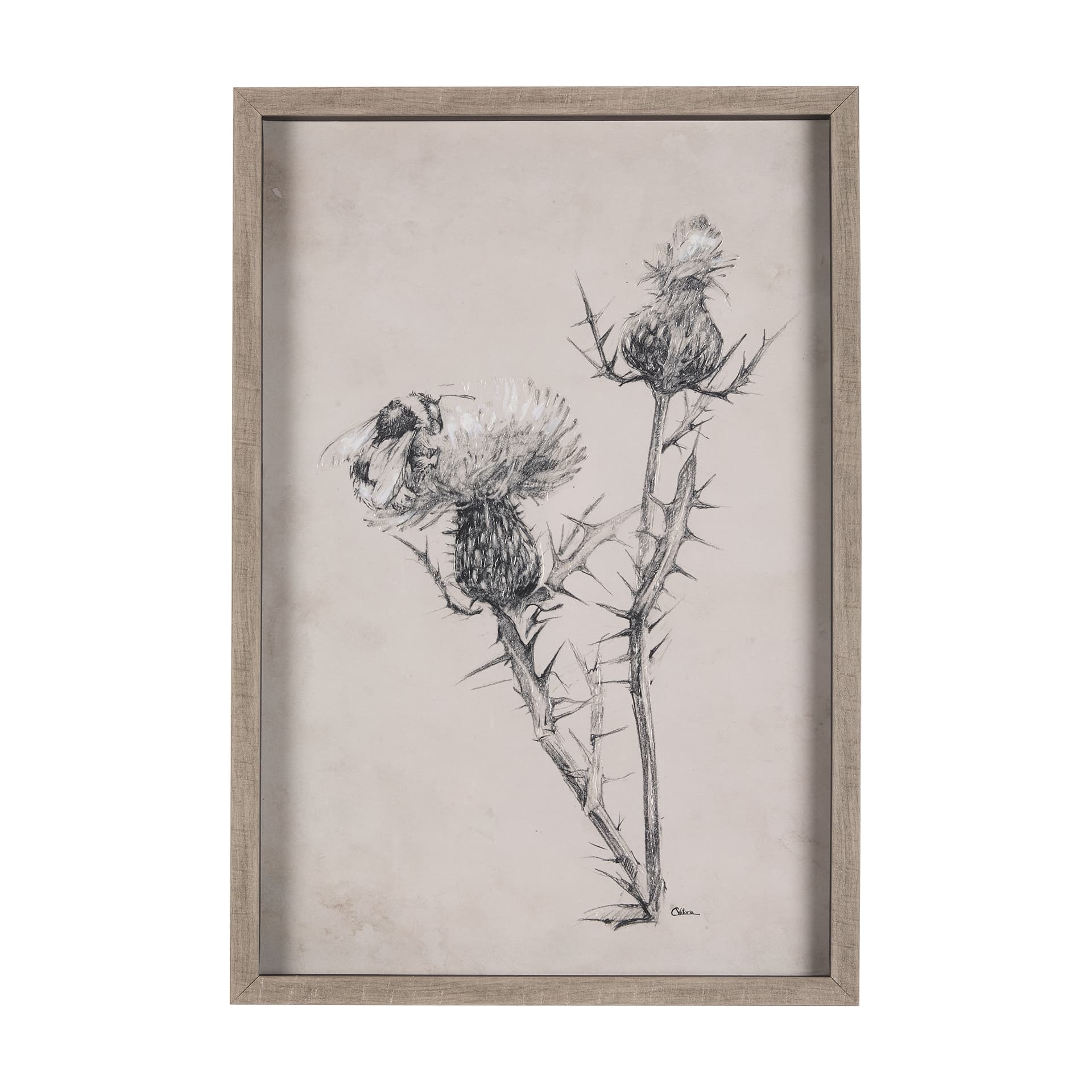 Thistle With Bumblebee Drawing IV Mercana Studio Hand Embellished Framed Art Print Matted under Glas — product photograph