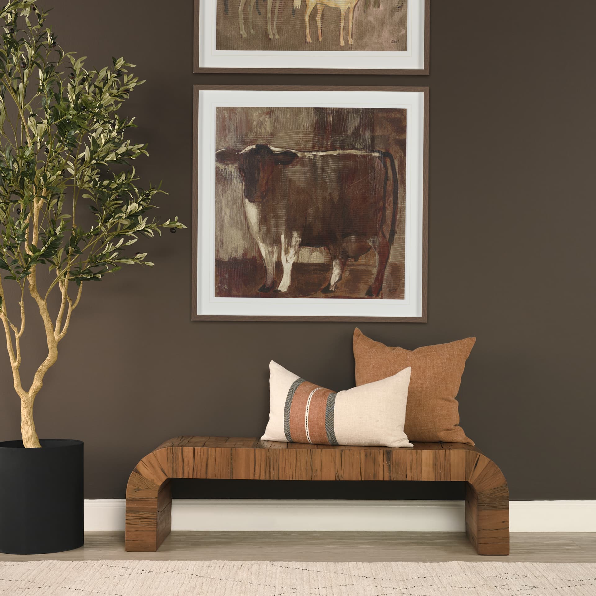 Denton Medium Brown Relcaimed Wood Bench — in a styled room