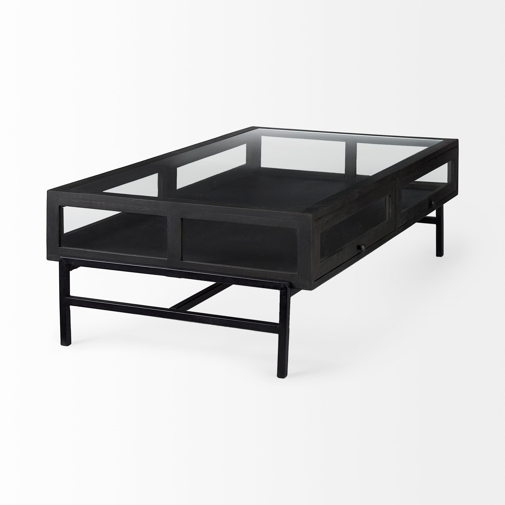 Arelius 49.5"L Rectangular Glass-Top Black-Brown Wood w/ Black Metal Base Display Coffee Table — product photograph