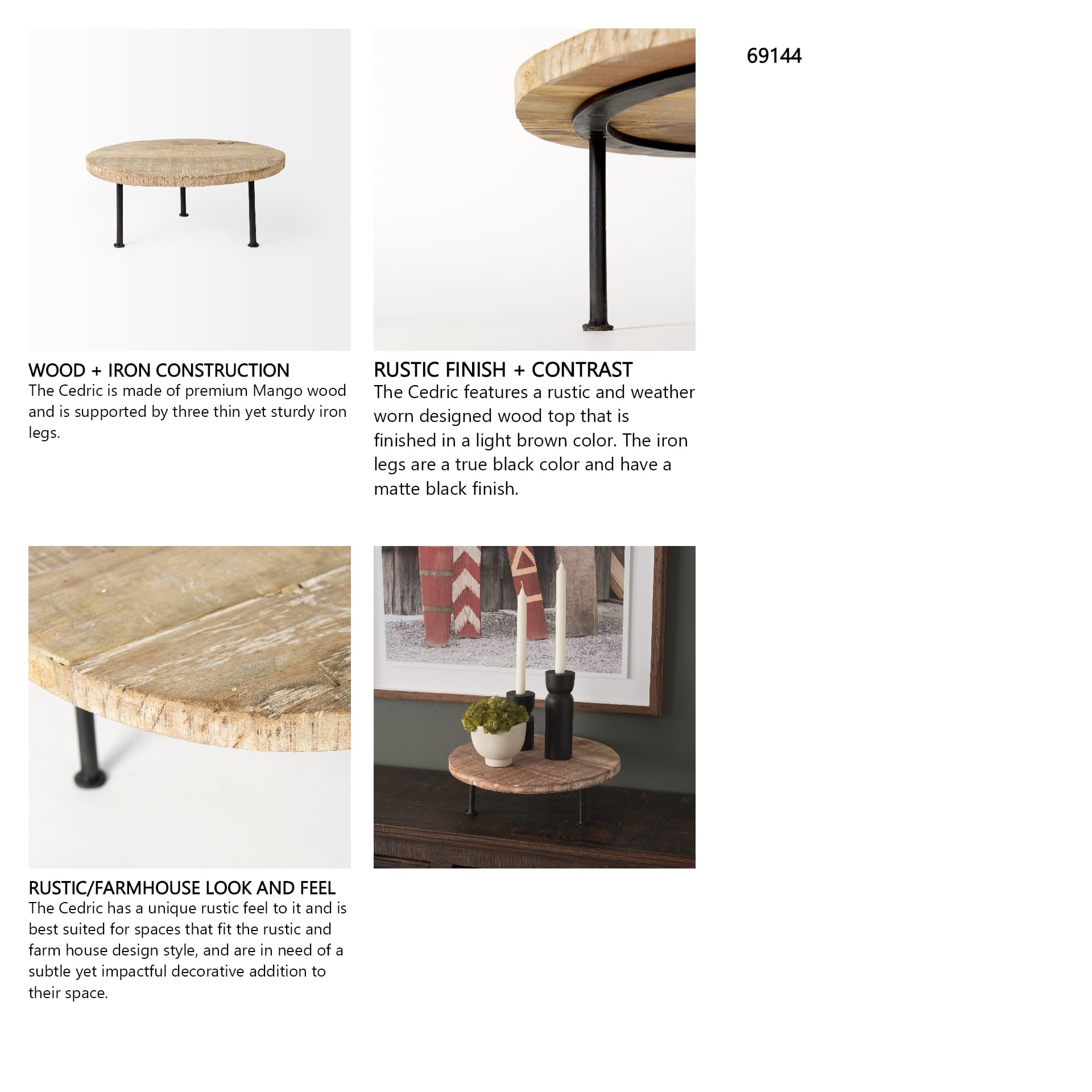 Cedric 15L x 15W x 4.5H Round Light Brown Wood w/ Black Metal Legs Decorative Display Stand — in a styled room