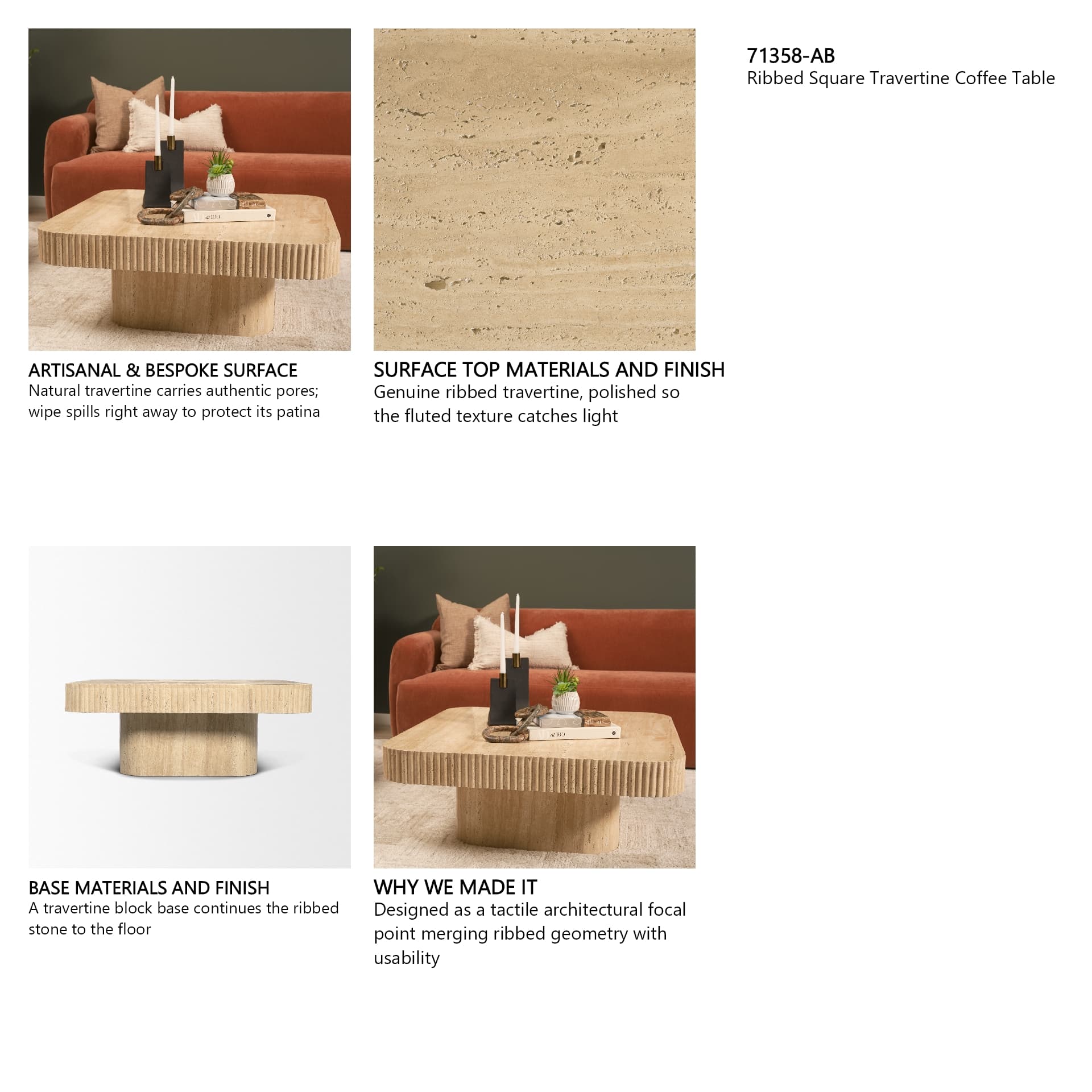 Tavora Ribbed Square Travertine Coffee Table — in a styled room