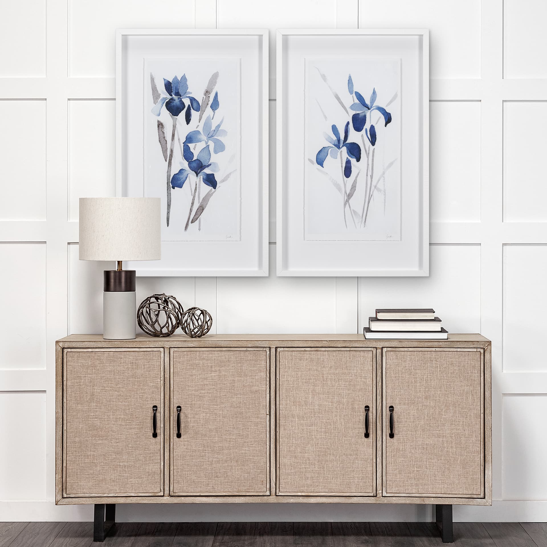 Blue Iris I by Mercana Studio a Hand Embellished Textured Framed Art Print Matted under Glass — in a styled room