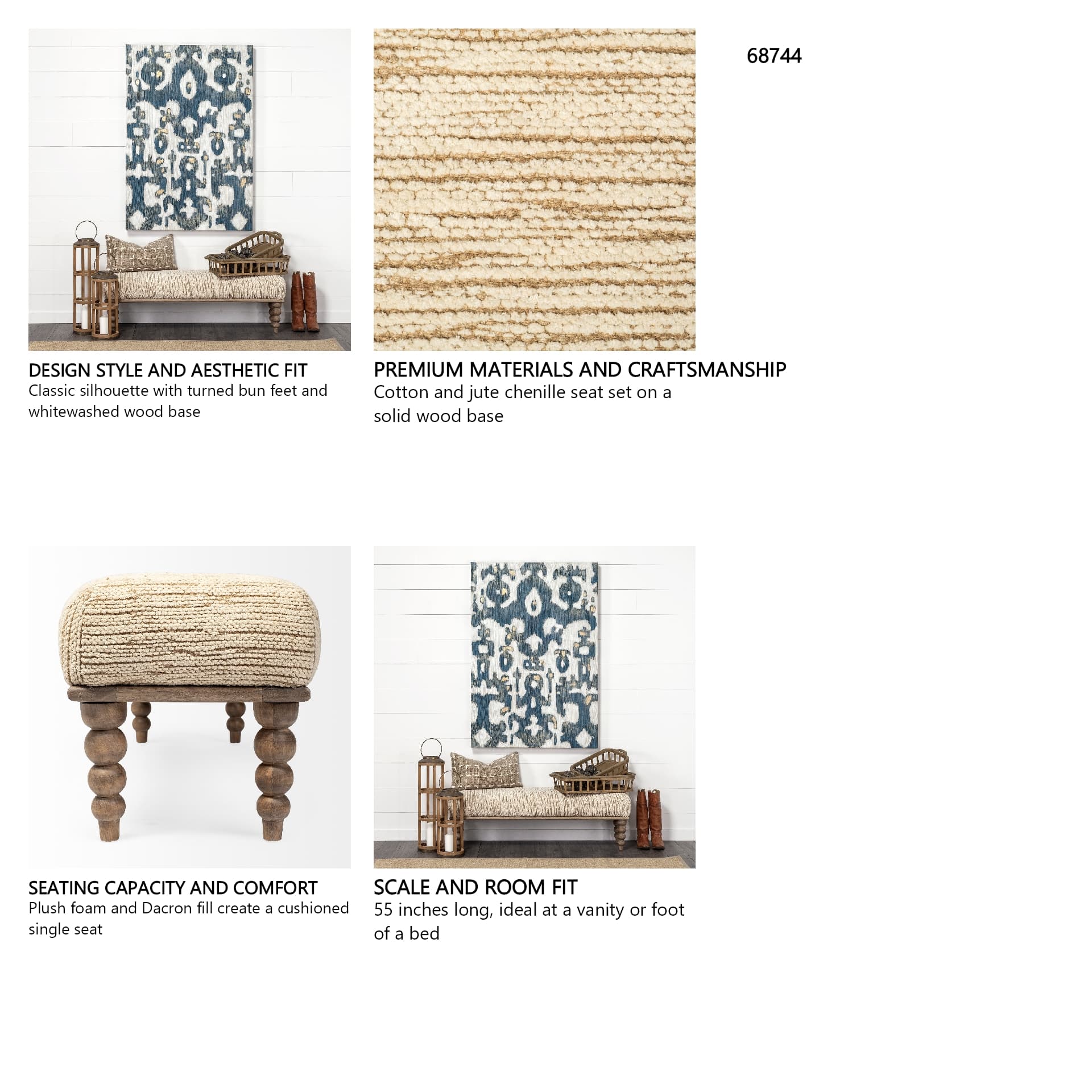 Alder II 55L x 16W Cream Upholstered Seat Wooden Base Accent Bench — in a styled room