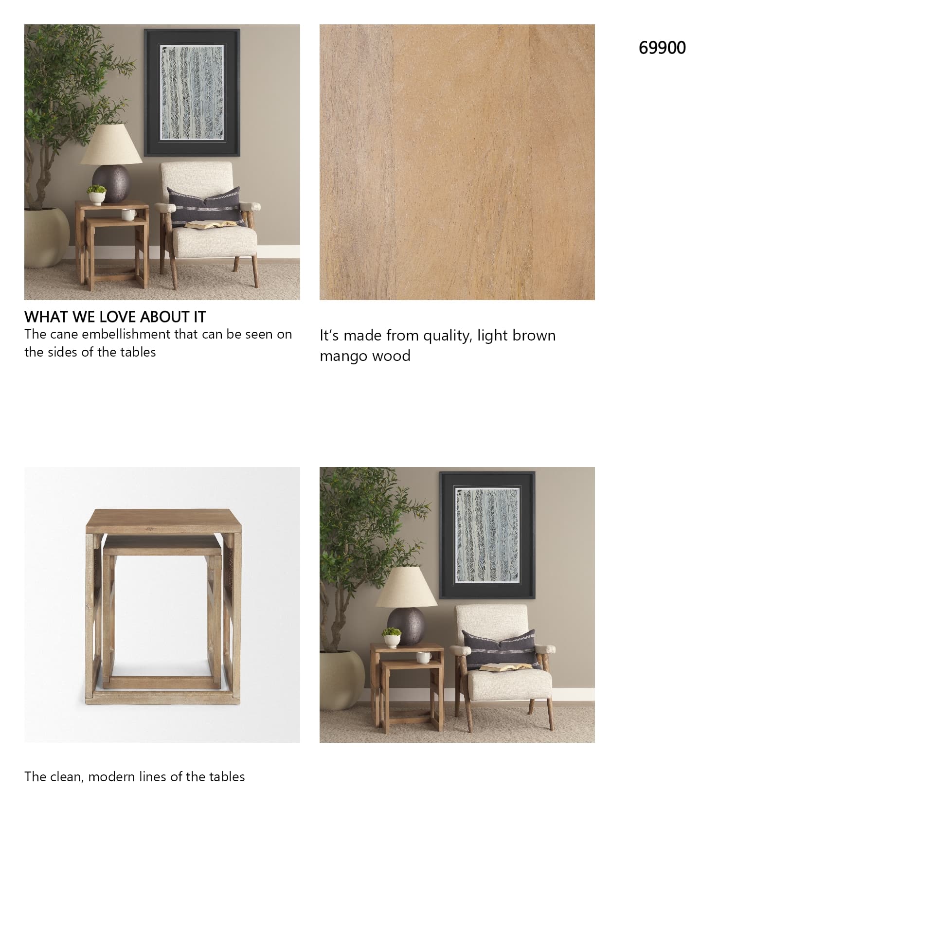 Grier Set of 2 Light Brown Solid Wood w/ Cane Nesting Accent Tables — in a styled room
