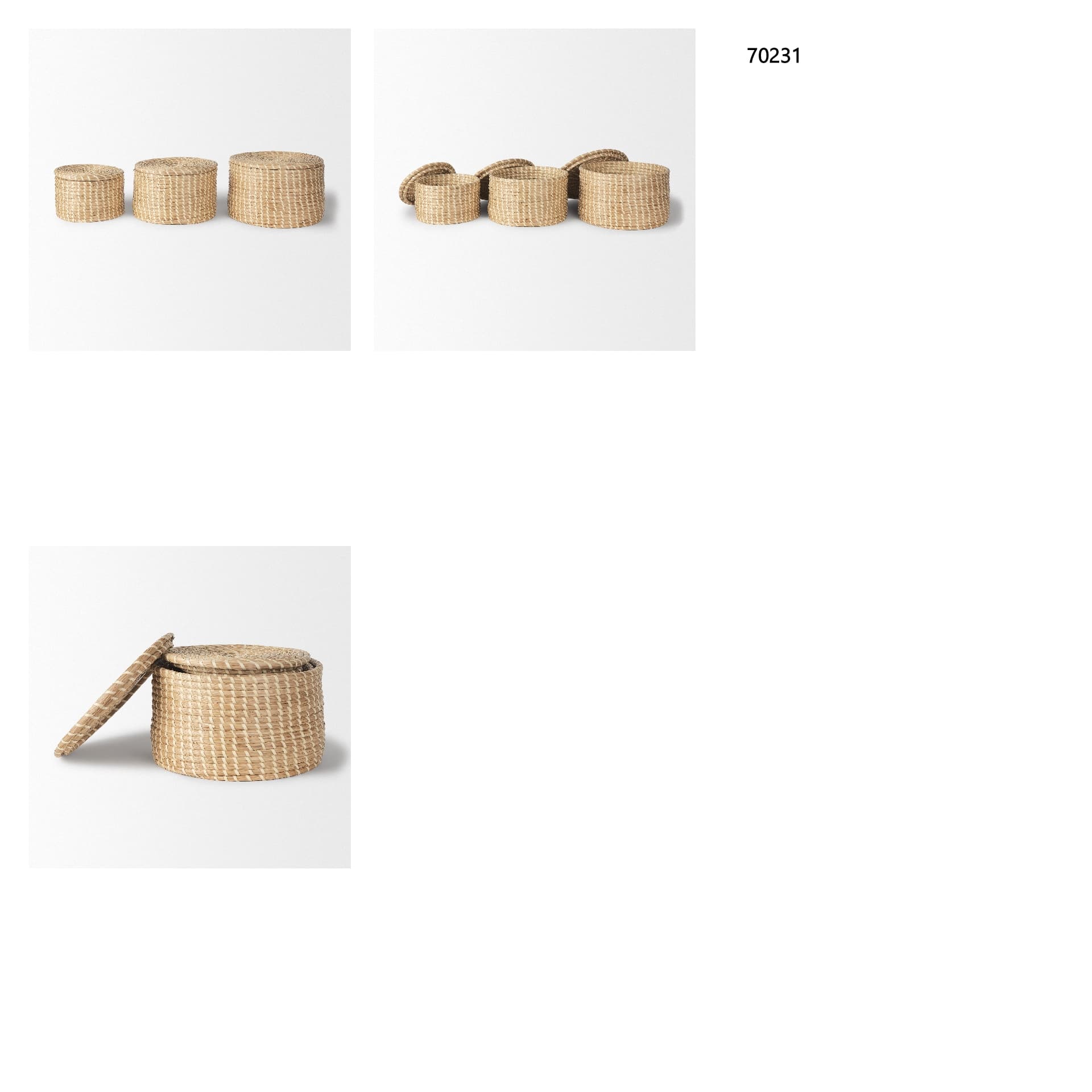 Kailini Set of 3 Nesting Seagrass & Palm Leaf Boxes with Lids — in a styled room