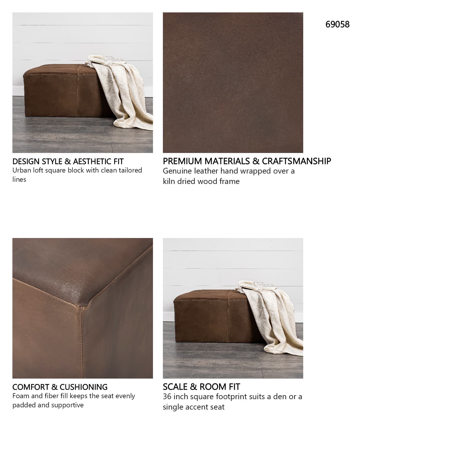 Minara 36" Square Brown Leather Wrapped w/Wood Base Ottoman — in a styled room