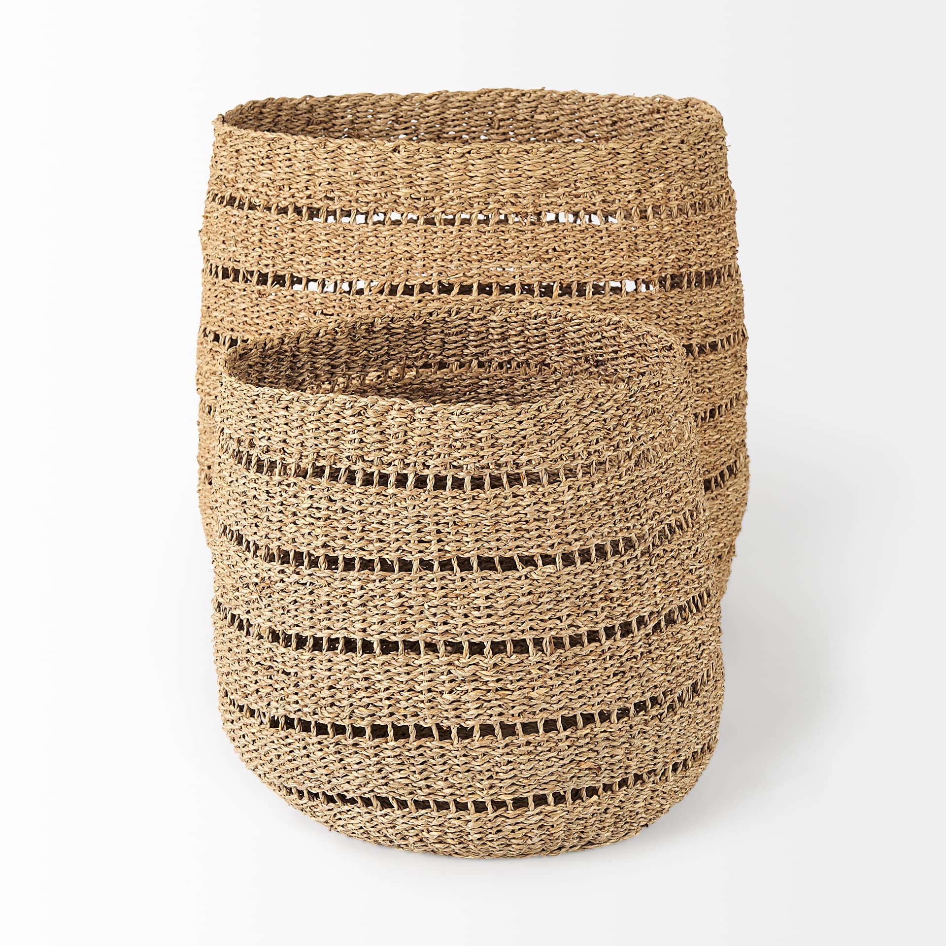 Hayes 17.7L x 17.7W x 11.8H (Set of 2) Medium Brown Seagrass Round Basket with Stripe Pattern — product photograph