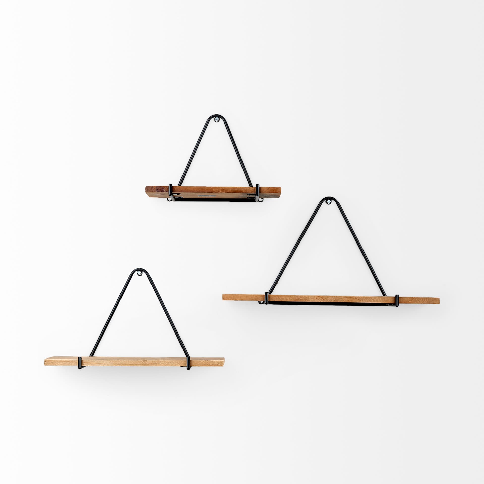 Khufu 18.9L x 5.5W x 10.2H Set of Three Brown Wood W/ Black Metal Triangular Hanging Shelves — product photograph
