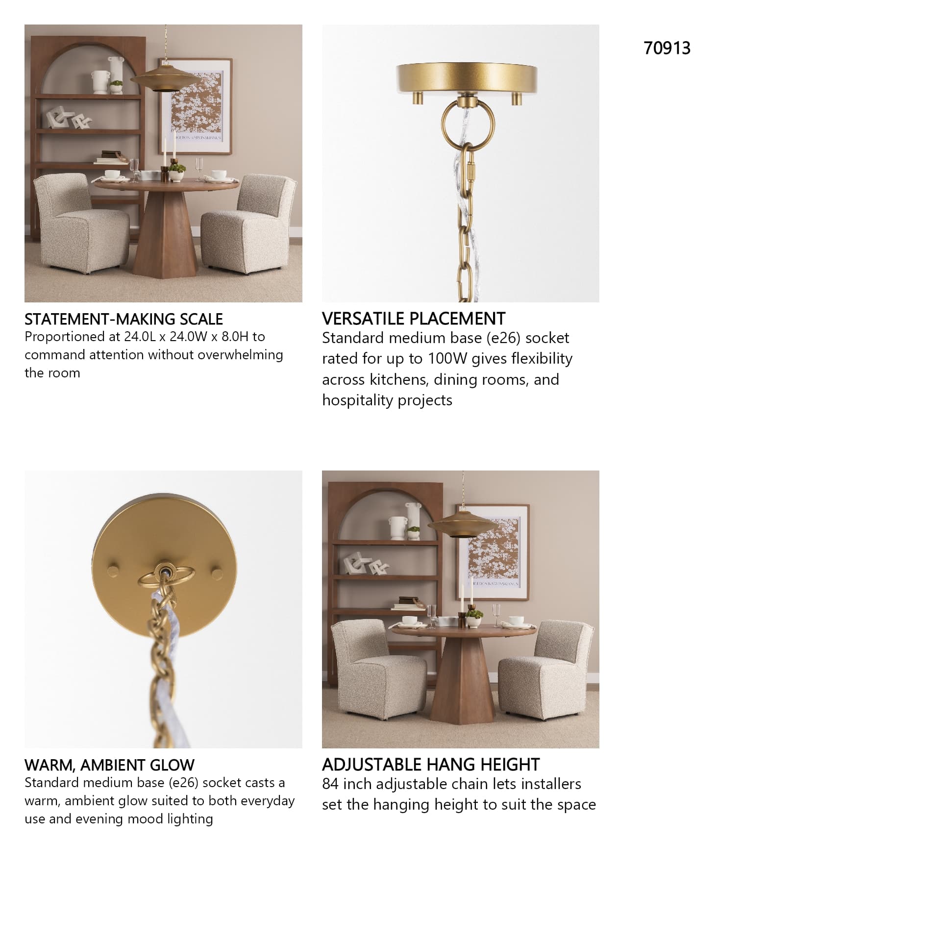 Titus 1-Light Brass Finished Metal Disc Pendant — in a styled room