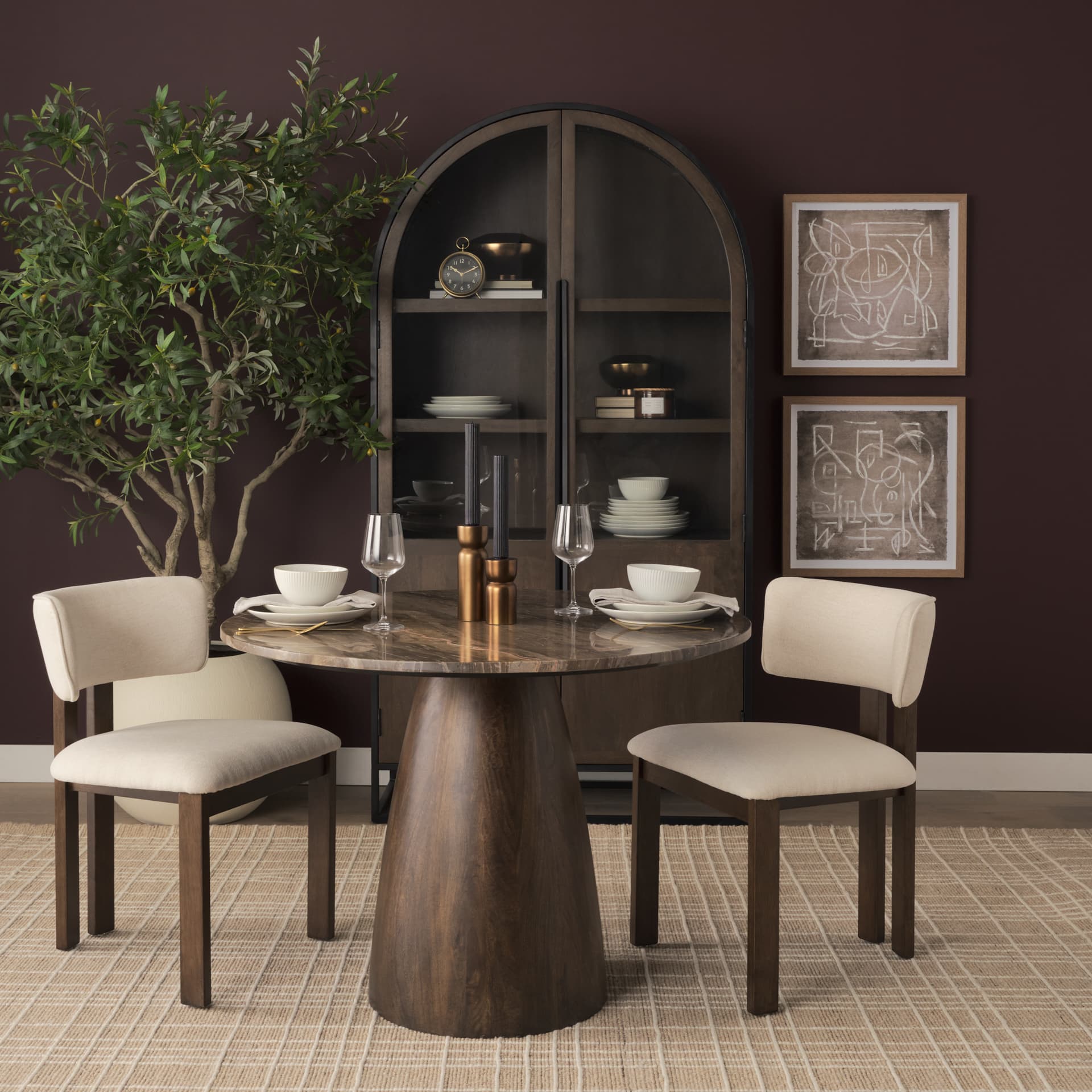 Sloan 42W x 80H Dark Brown Wood W/Black Metal Arched Curio Cabinet — product photograph