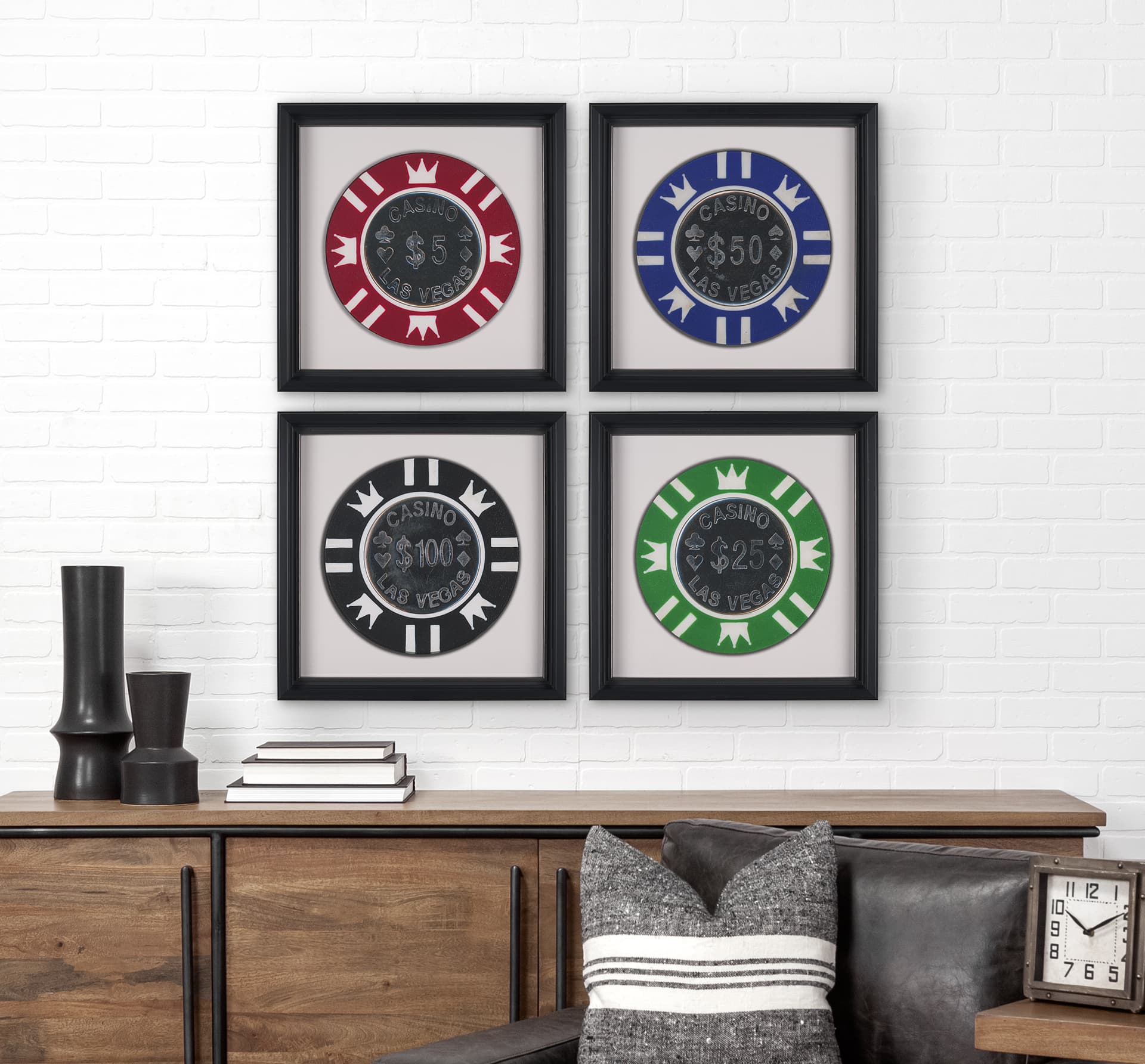 Casino 5 Dollar Vegas Poker Chip By Zap Studio Framed Art Photograph Print under Glass — in a styled room