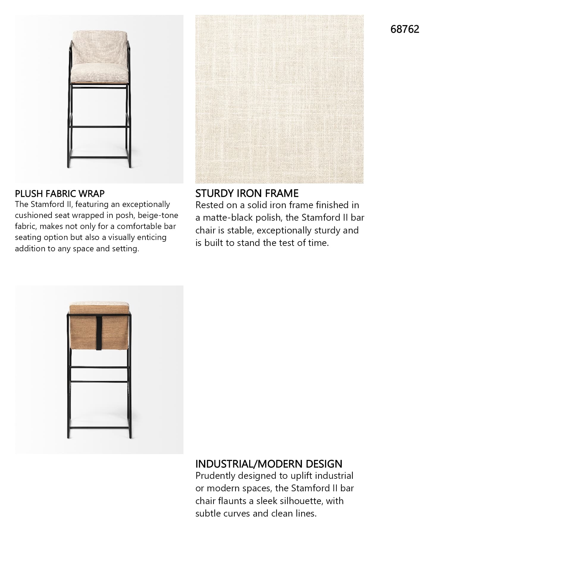 Stamford Backless 40in Seat Bar Stool | Beige Fabric w/ Black Metal — product photograph