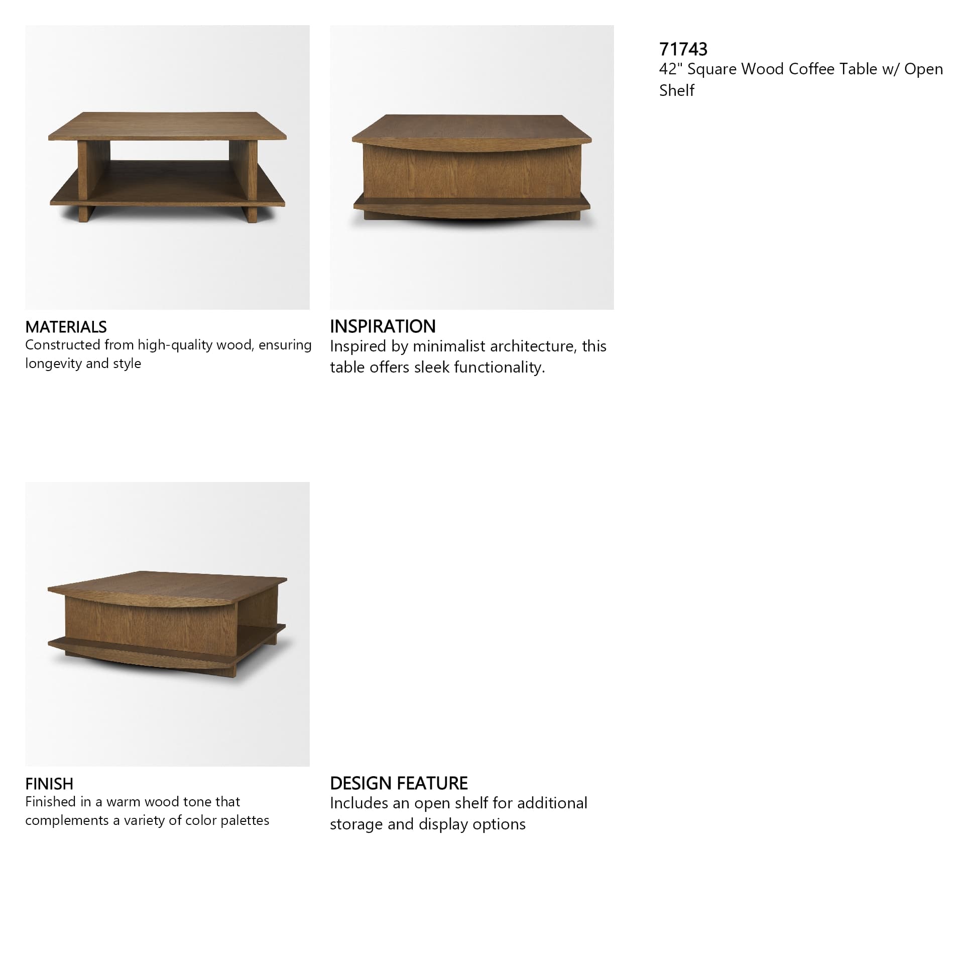 Boden 42" Square Wood Coffee Table w/ Open Shelf — in a styled room