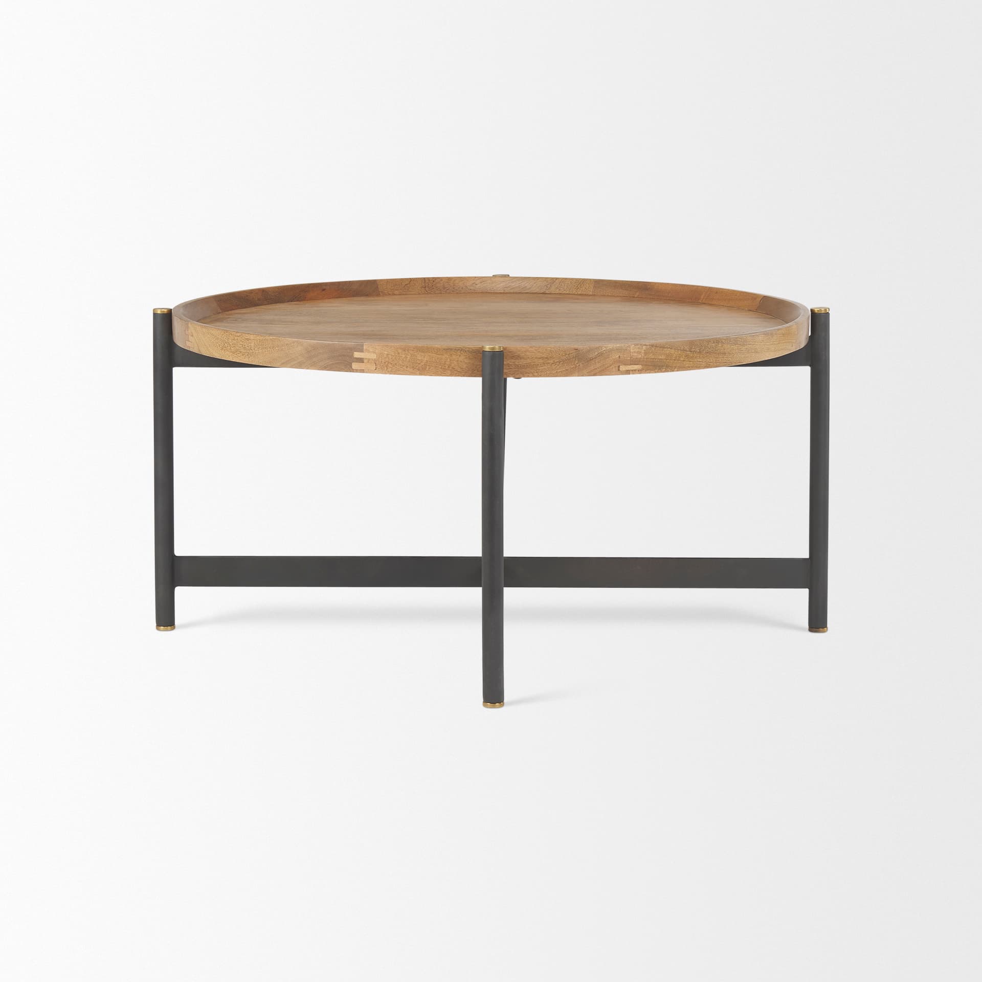 Marquisa 34.25" Round Small Brown Wood w/ Black Metal Coffee Table — product photograph