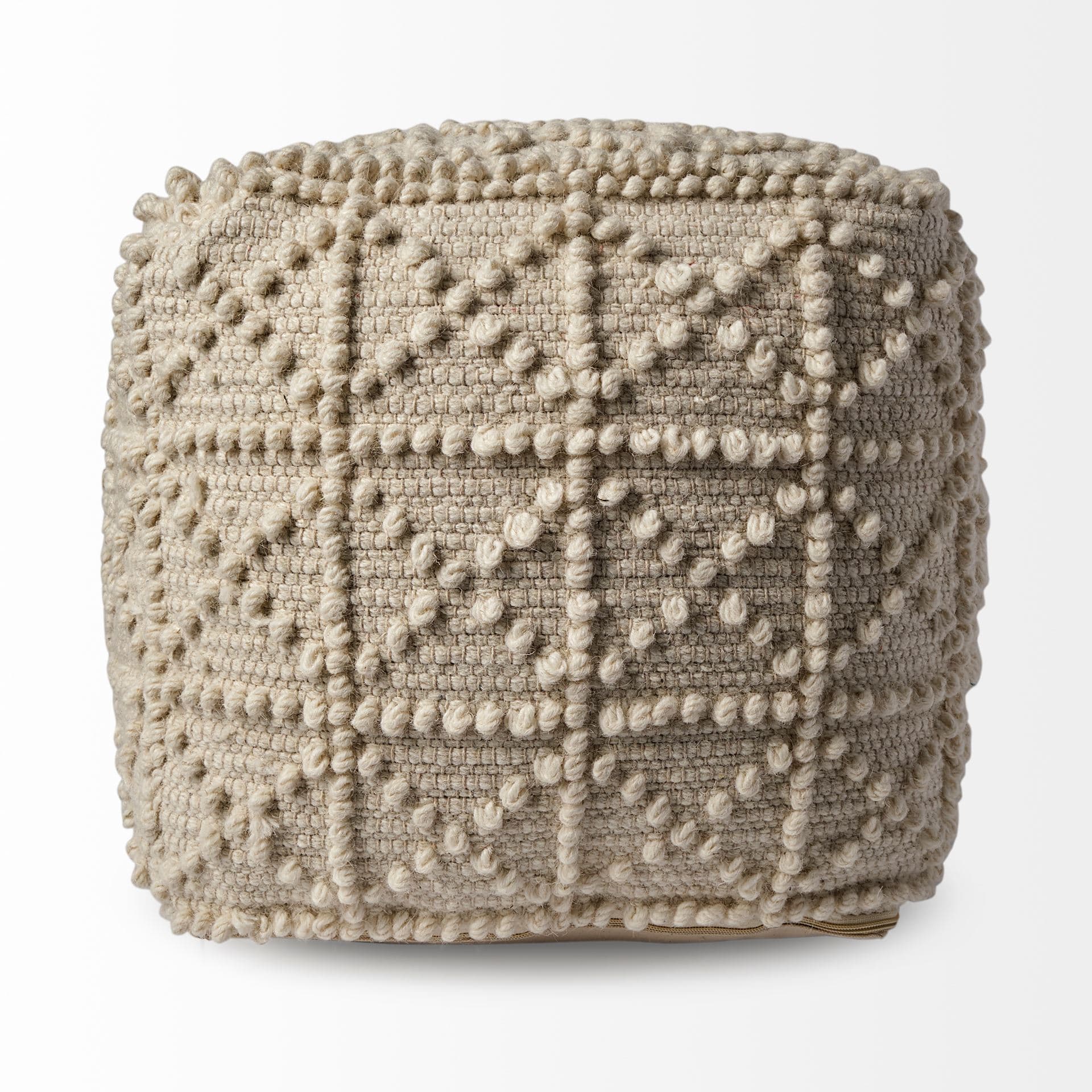 Leroy Square Cream Wool Pouf w/ Popcorn Detail — product photograph