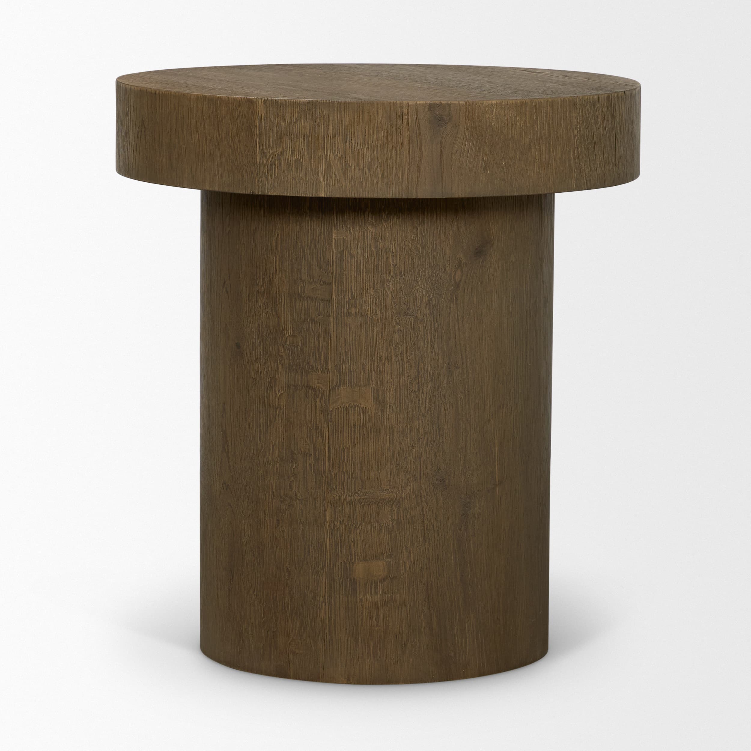 Lyonne Round Medium Brown Oak Wood Pedestal Side Tables — product photograph