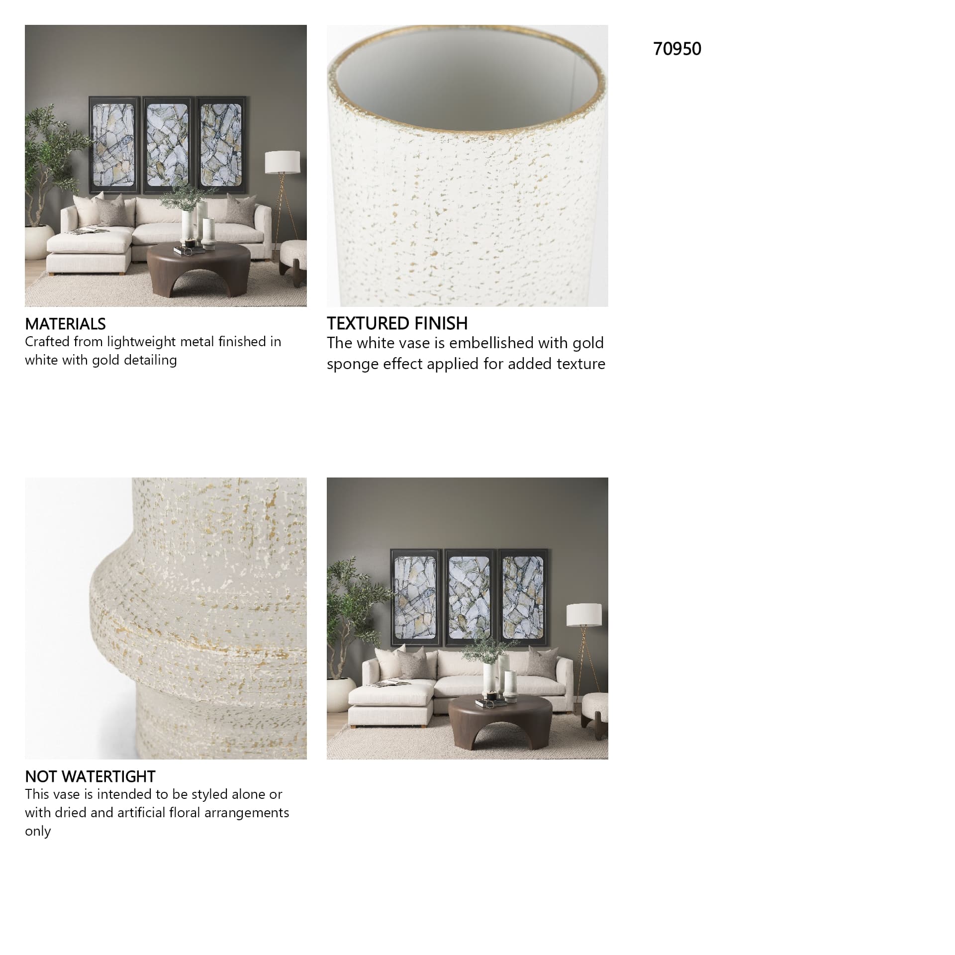 Tovah Small Textured White w/ Gold Metal Vase — in a styled room