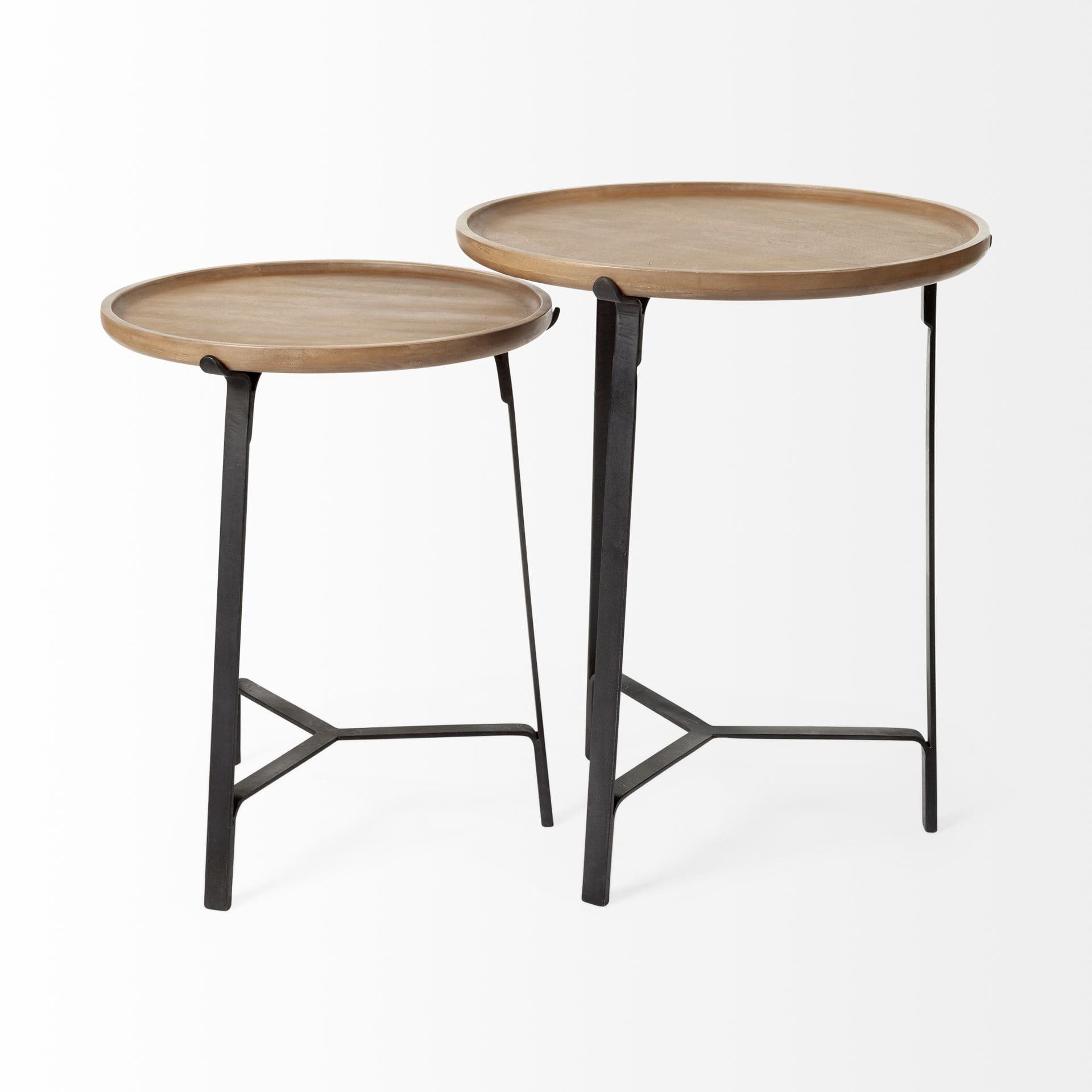 Helios III 20L x 24H Set of Two Round Brown Solid Wood Iron Base Nesting End/Side Tables — product photograph