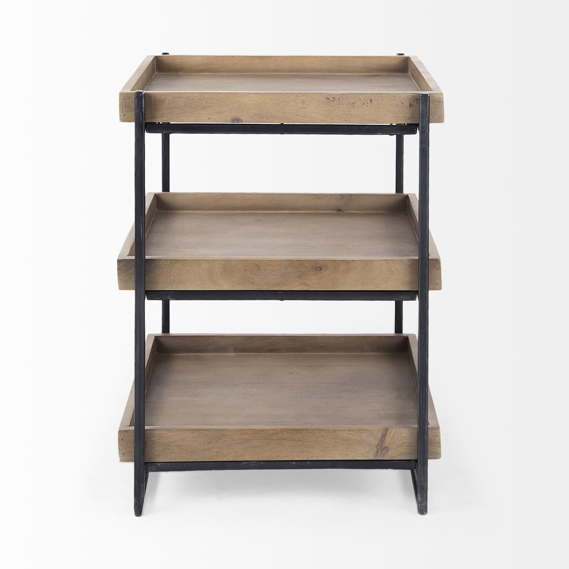 Trey III 20" x 26" Square Medium Brown Wooden Three-Tiered Black Iron Frame End/Side Table — product photograph