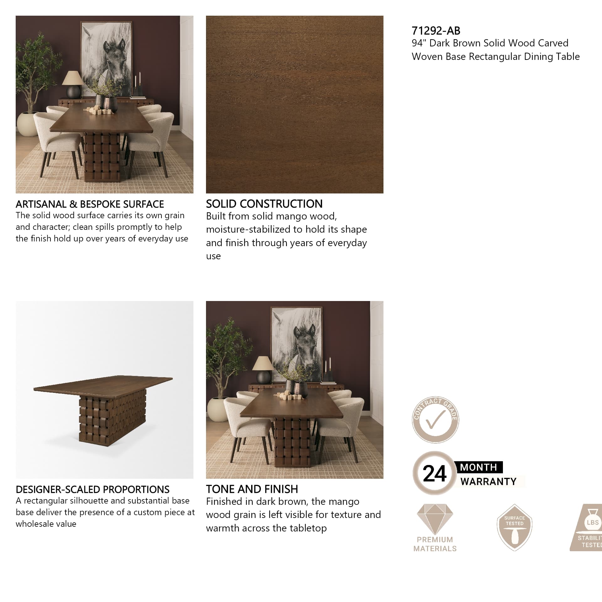 Trellyn 94"L x 44"W Rectangular Dining Table | Modern | Dark Brown Wood | Seats 8 — product photograph