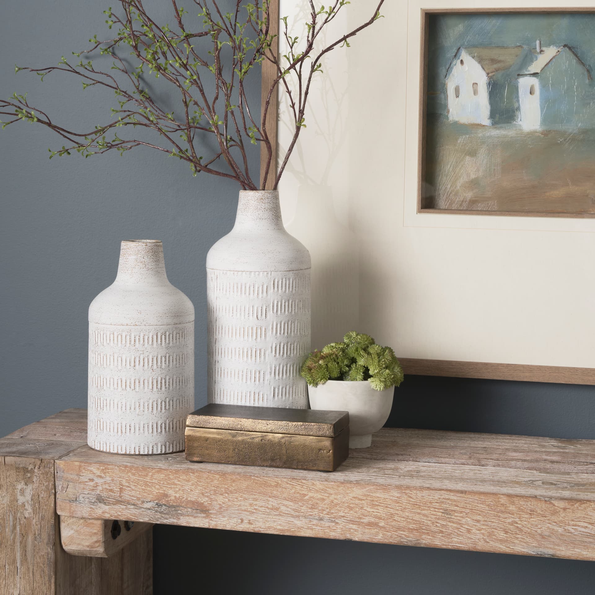 Tisha Small White W/ Terracotta Distressing Metal Vase — product photograph