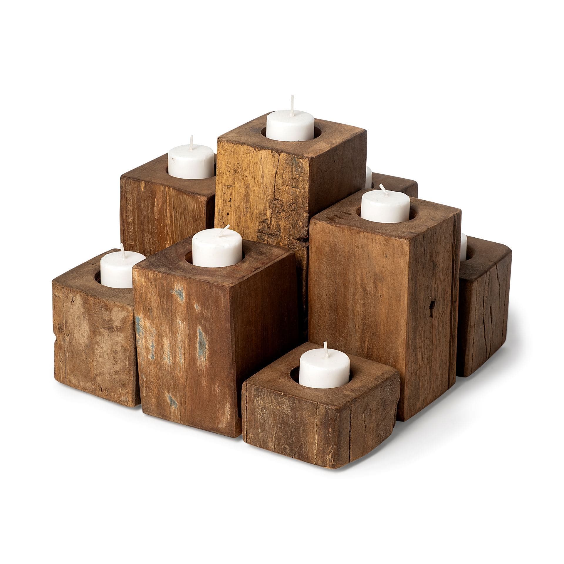 Cassius Light Brown Nine Wood Block Table Candle Holder — product photograph