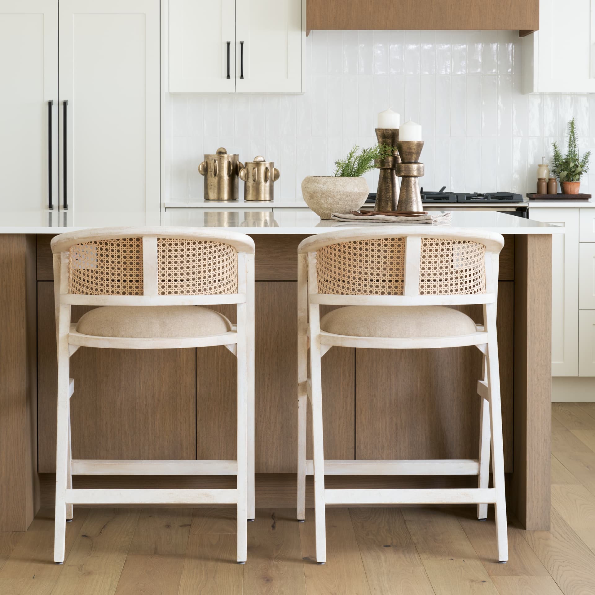 Tabitha Low Back 26.75in Seat Counter Stool | Beige Fabric w/ Wood — in a styled room