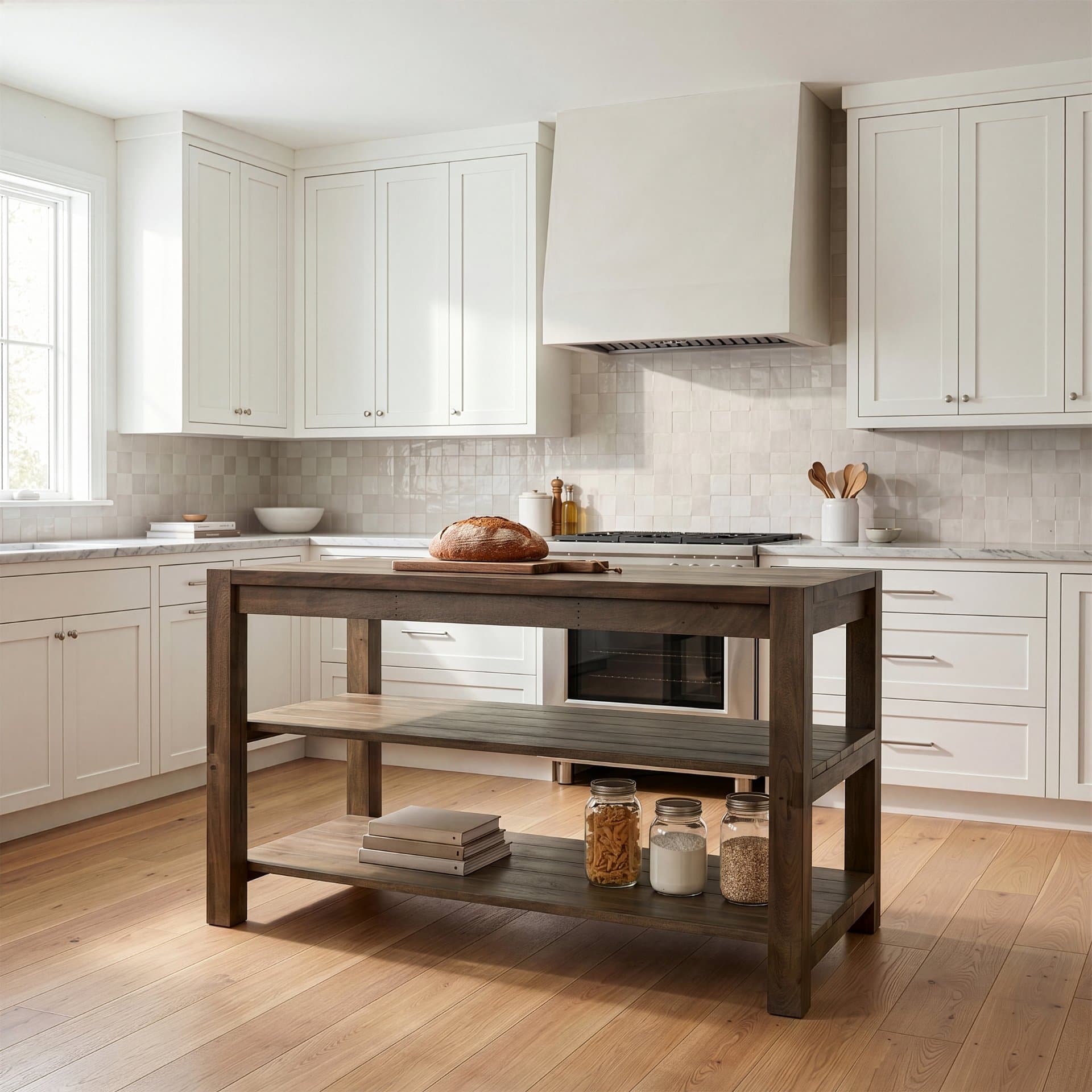 Emeril Brown Solid Wood Two-Tier Smooth Counter Top Kitchen Island — product photograph