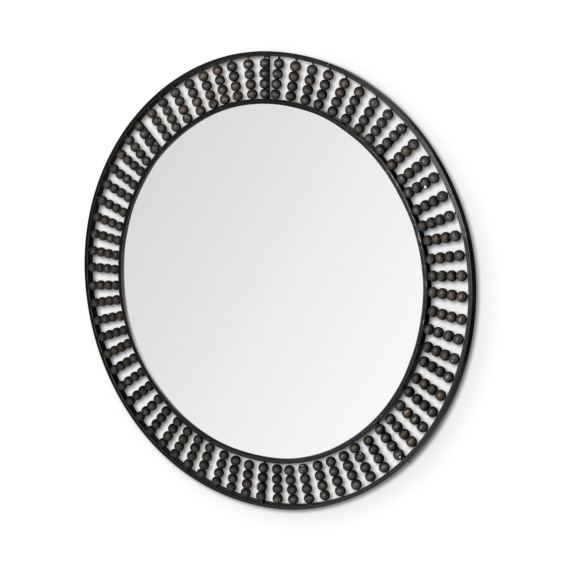 Claiborne 42" Round Black Metal Frame Mirror w/Wood Beads — product photograph