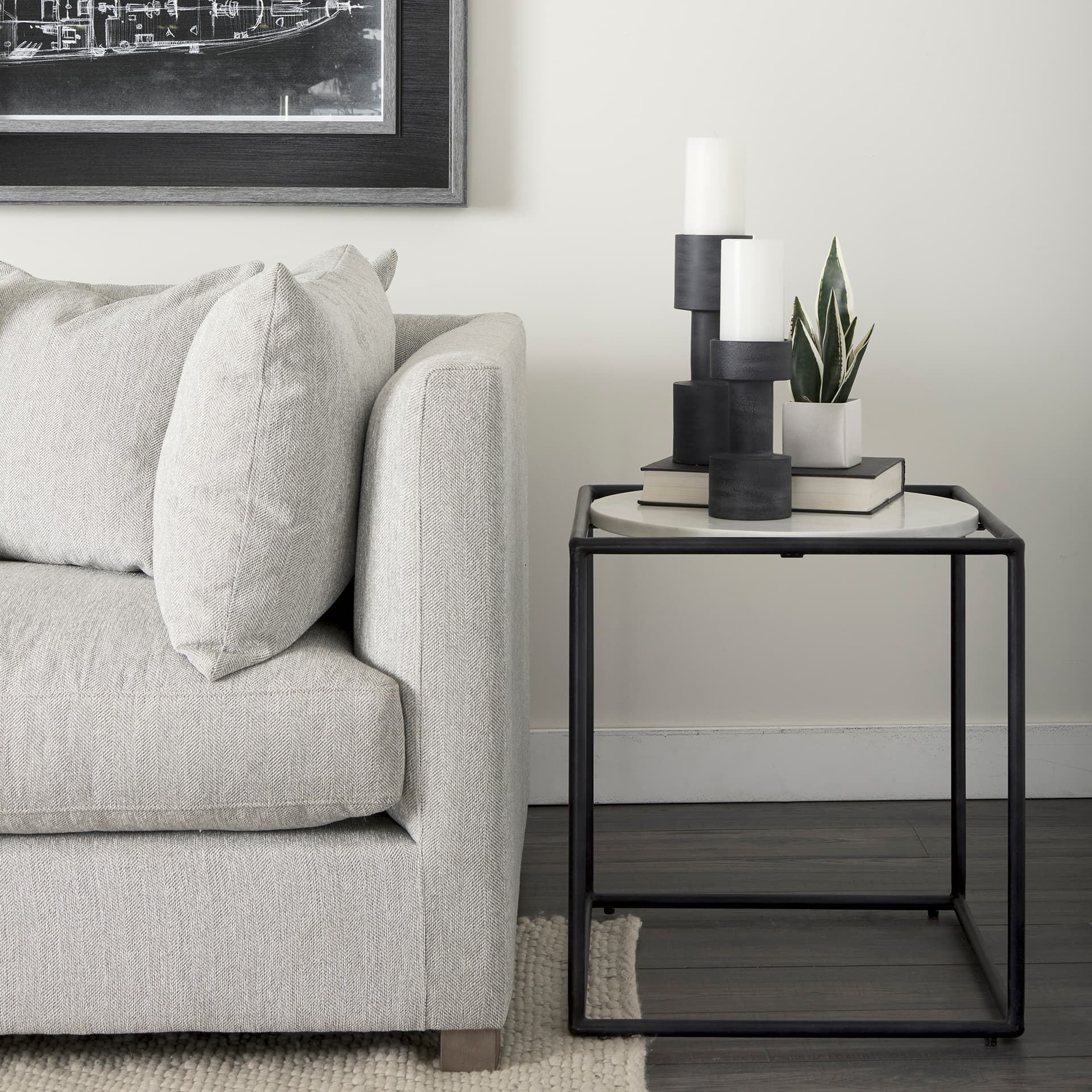 Austen 20L x 20W x 22H Round White Marble Top W/ Black Metal Frame Side Table — product photograph